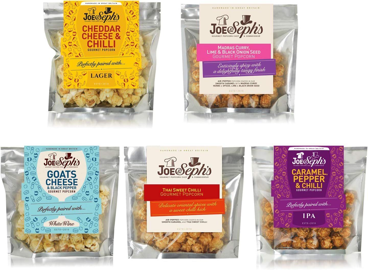 Joe & Seph's Oriental Popcorn Tasting Selection (5x30g) |Cheddar Cheese & Chilli, Goats Cheese & Black Pepper, Thai Sweet Chilli, Madras Curry and Caramel, Pepper & Chilli, gourmet salted popcorn