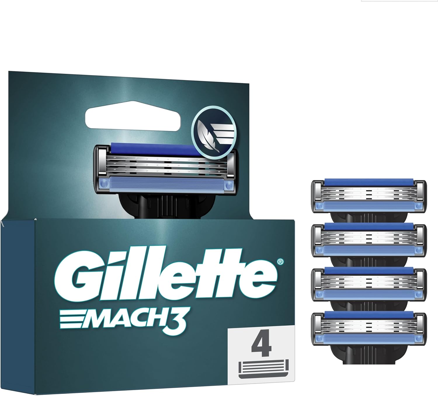Gillette Mach3 Razor Blades Men, Pack of 4 Razor Blade Refills, Upgraded Lubrastrip for an Enhanced Glide, Fits all Mach3 Handles