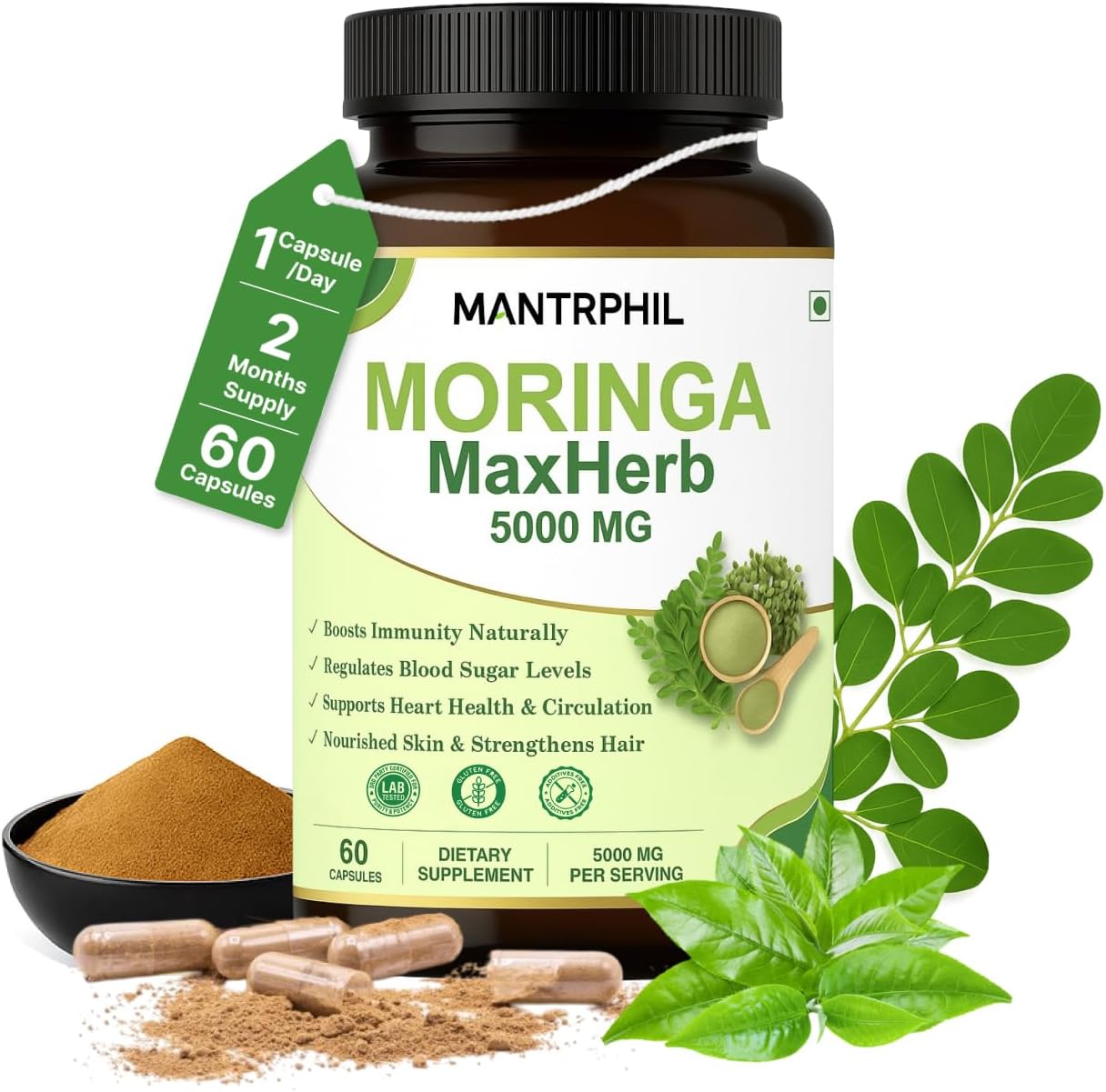 Moringa Capsules 5000mg - 2 -Month Supply | 60 High-Strength Rosabella Moringa Capsules | Pure Potent Leaf Extract - No Additives | Vegan, Non-GMO & Lab-Tested