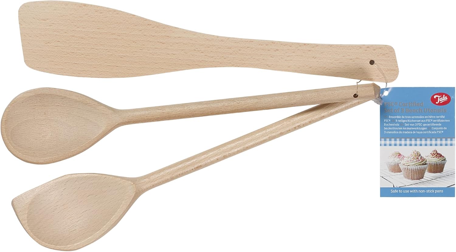 Tala Set of 3 Wooden Cooking Utensils - FSC Beech Wooden Spatulas for Cooking, Spoon & Scraper Spoon - Heat Resistant, Easy to Use, Easy to Clean - Bakeware Accessories - Set of 3