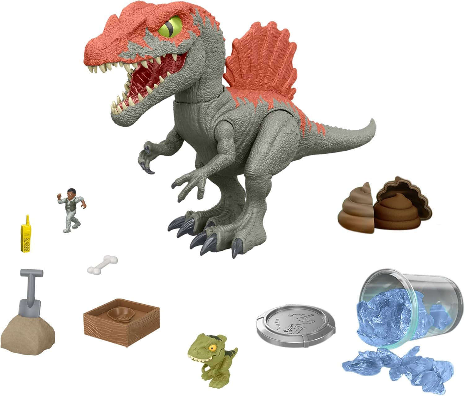 Mattel Jurassic World Crushivores Mini Dinosaur Figure & Accessories, Cage Crasher Spinosaurus Unboxing Toy with Surprises Including Sand, Gel & Dough
