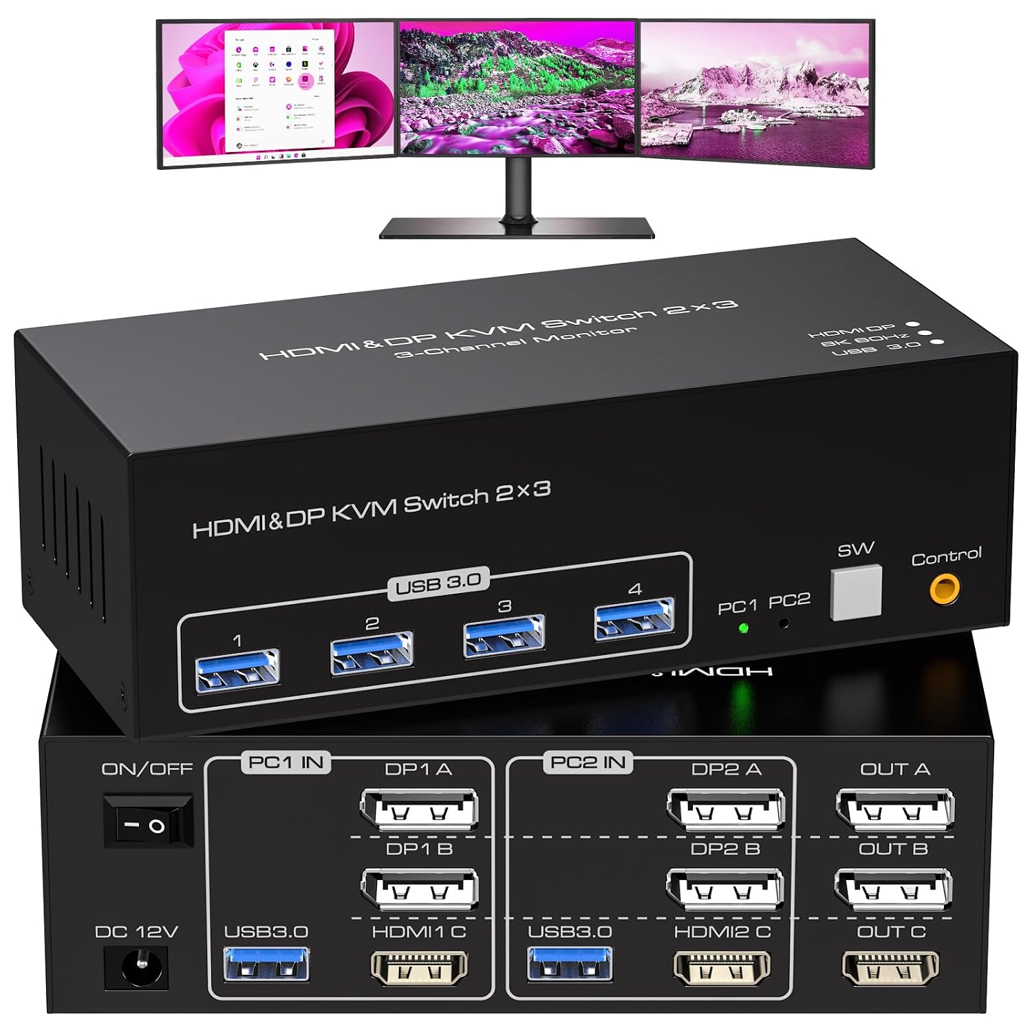 8K KVM Switch 3 Monitors 2 Computers 8K 60Hz 4K 120Hz KVM Switches HDMI+2 Displayport for Two PC Share Triple Monitor
