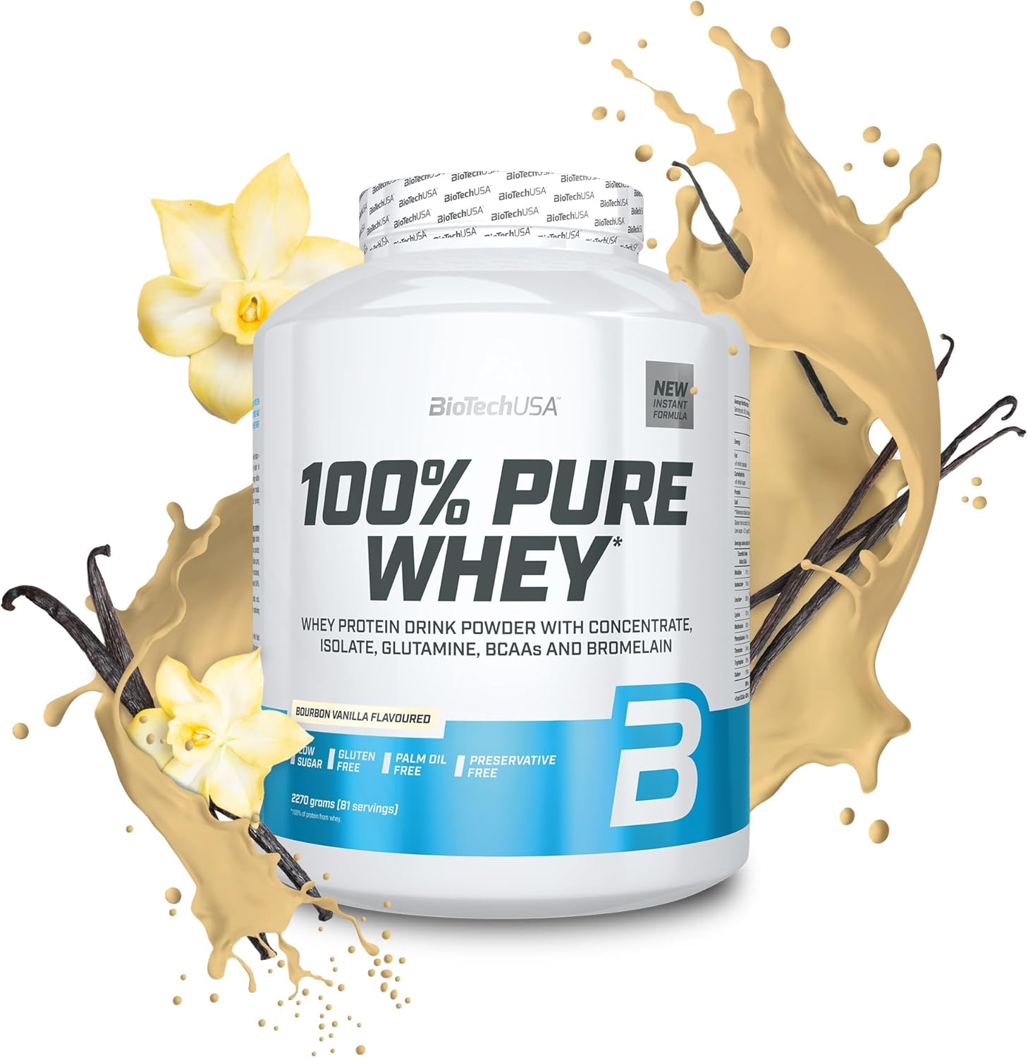 BioTechUSA 100% Pure Whey | Protein Powder with BCAA and Glutamine | Gluten-Free, Palm Oil Free | 21g Protein per Serving, 2.27 kg, Bourbon Vanilla