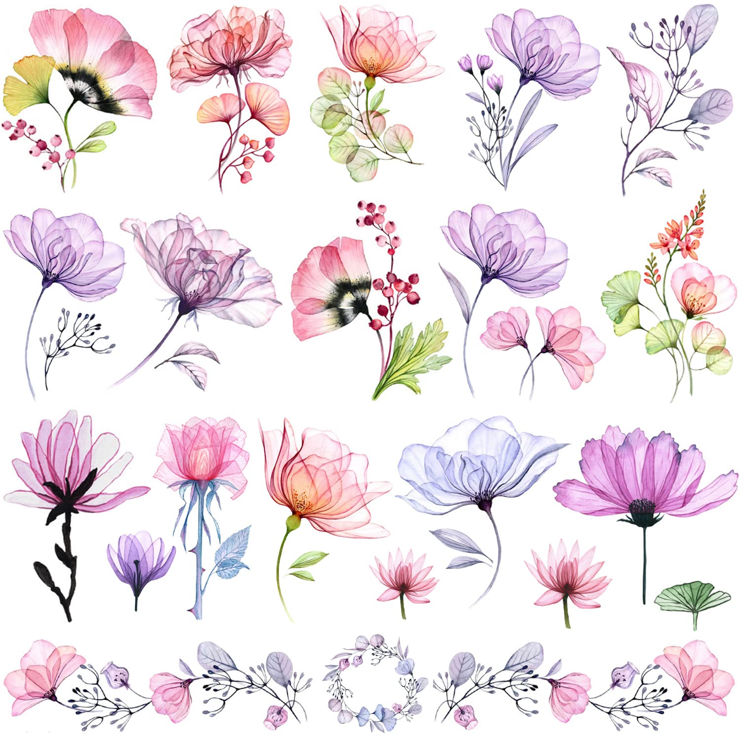 Tazimi 16 Sheets X-Ray Temporary Tattoos - Watercolor Rose Lily Flower Tattoos for Women - Arm Fake Flower Tattoo Stickers - Body Art Waterproof Tattoo Stickers