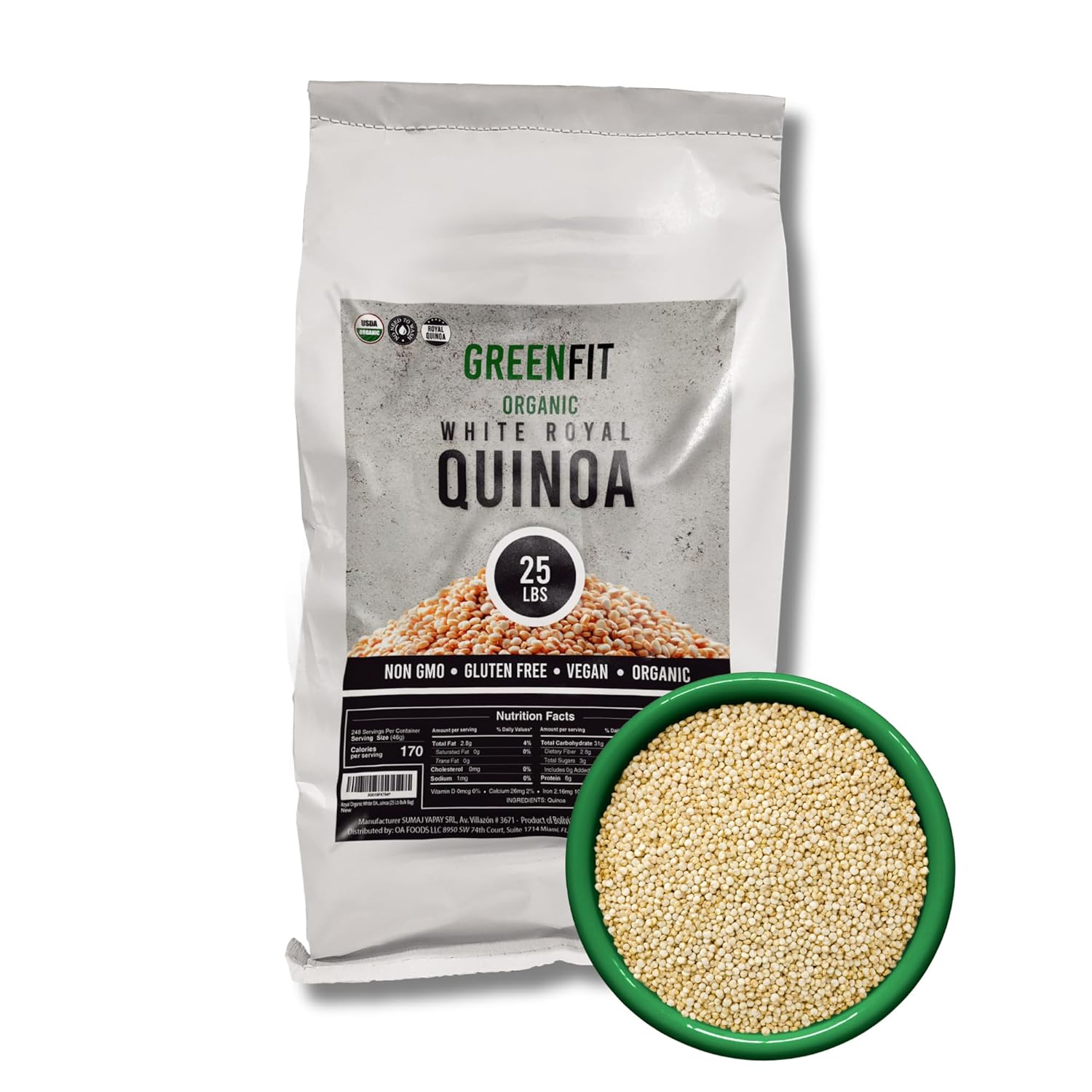 Royal Organic White Quinoa | OA Quinoa Now Greenfit | Non-GMO, Gluten-Free, Vegan, and Organic | Complete Protein, High Fiber, Low-Calorie White Quinoa | (25 Pound - Pack of 1)