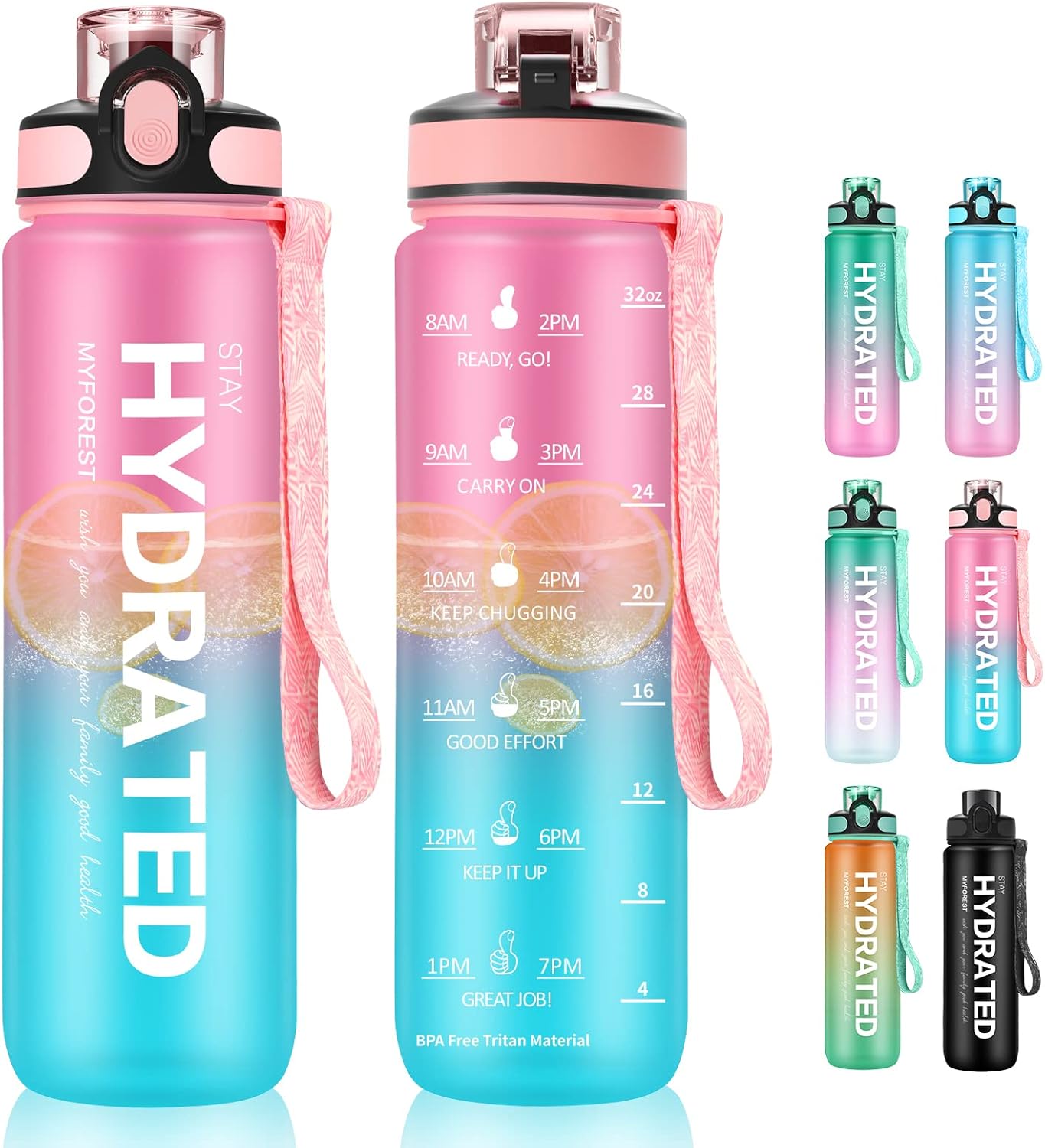 MYFOREST Sports Water Bottle, Time Marker for Motivational Hydration, Drop-proof, BPA-free, Wide Mouth for Easy Clean: Cold/Hot/Carbonated/Cider (1l Pink-cyan, 1000 ml)