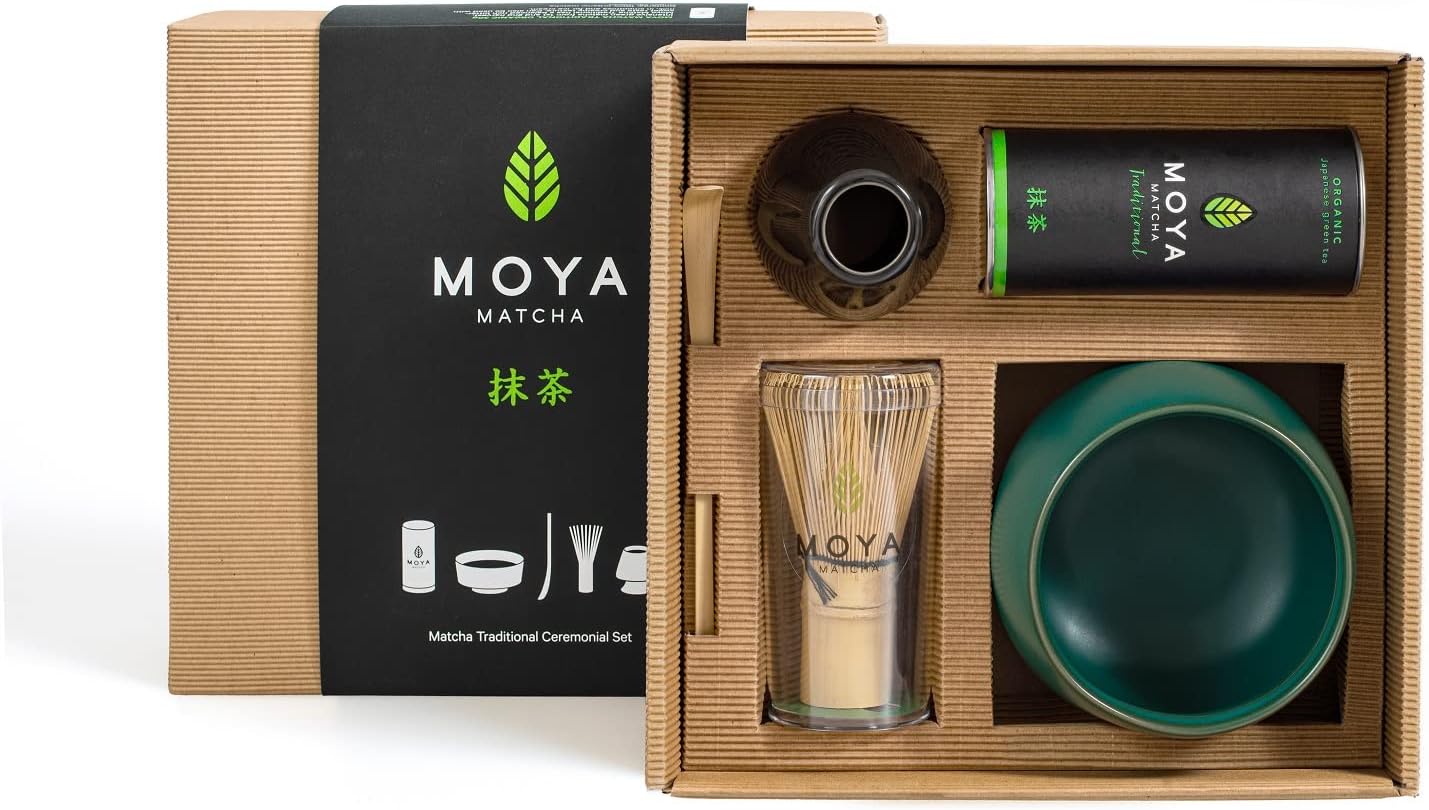 Organic Moya Matcha Green Tea Set | 30g Traditional Grade (I & II) Pack + Bowl + Whisk + Holder + Spoon | Traditional Ceremonial Grade Powder Complete Preparation Kit Gift
