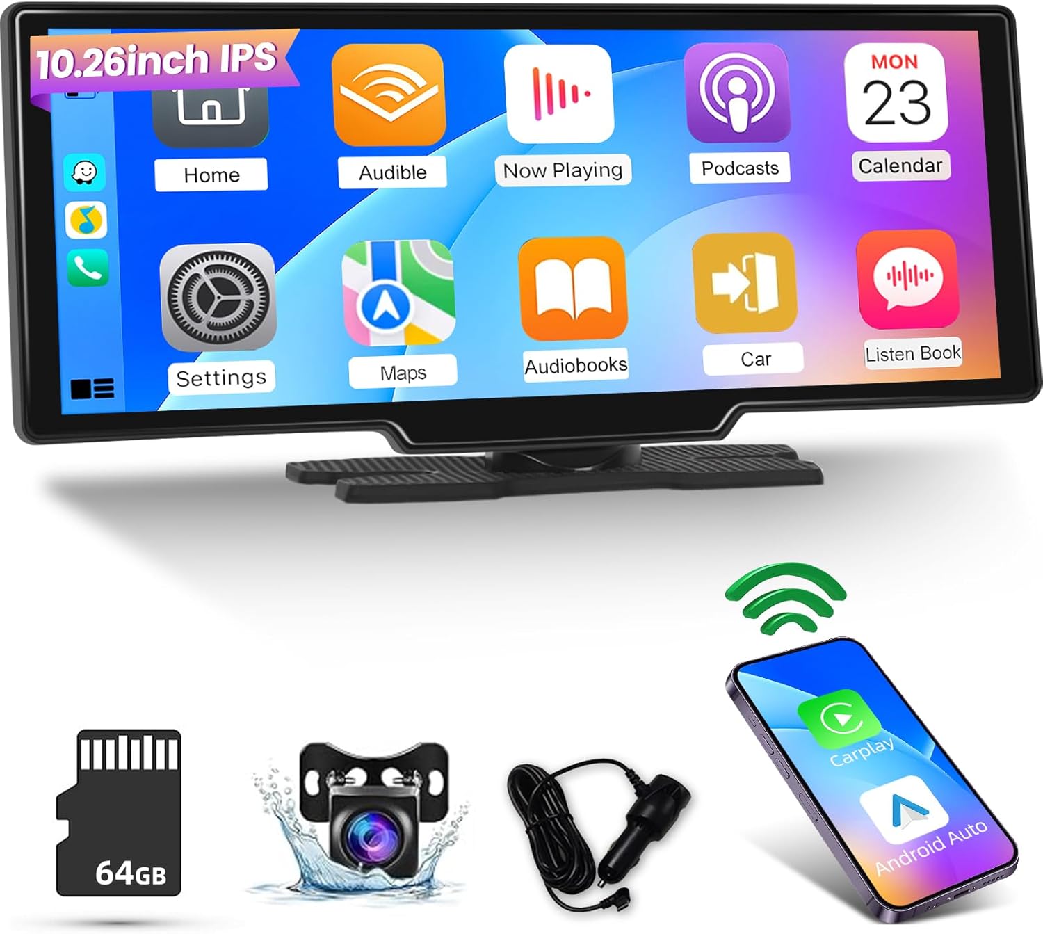 Apple Car Play Screen 10.3 inch Carplay Screen Portable IPS Car Touchscreen Unit, Wireless Android Auto FM Transmission Bluetooth for 7V-32V Vehicles +AHD Reverse Camera +64G TF Card