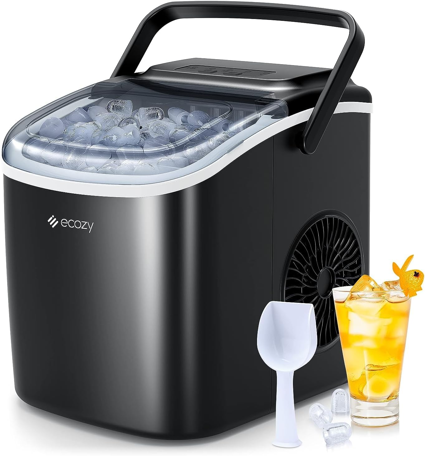 ecozy Portable Countertop Ice Maker - 9 Ice Cubes in 6 Minutes, 26 lbs Daily Output, Self-Cleaning with Ice Bags, Scoop, and Basket for Kitchen, Office, Bar, Party - Black