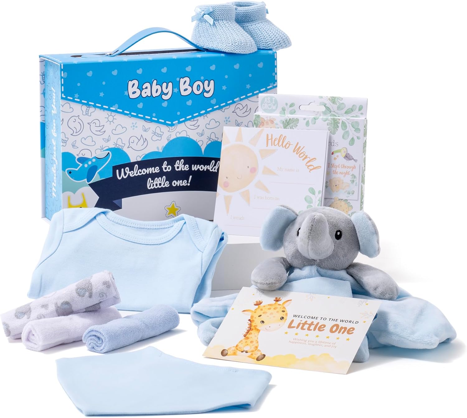 Hattie’s Gifts Baby Hamper - New Born Baby Boy Gift Set with Bodysuit, Booties, Bib, Washcloths, Elephant Comforter, Milestone Cards & Keepsake Box, Ideal Present Gift for Christening