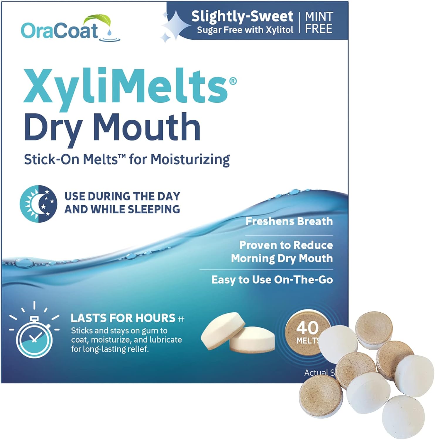 Oracoat XyliMelts for Dry Mouth Night Time or Day - Moisturizing Dry Mouth Adhering Discs, Sugar Free with Xylitol, 40 Count, Slightly-Sweet Flavor, 8-Hour Relief
