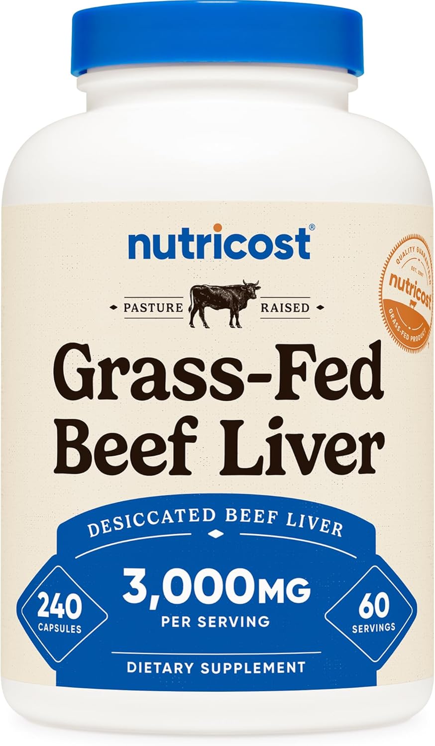 Nutricost Grass Fed Desiccated Beef Liver Capsules 3000mg (750mg Per Cap) - No Hormones, Non-GMO, Gluten Free, Pasture-Raised, Free Range Beef (240 Count (Pack of 1))