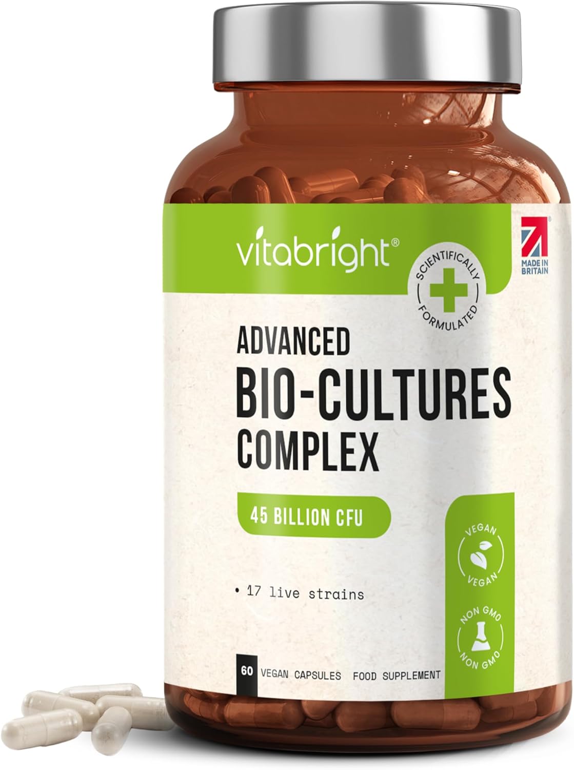 VitaBright Bio Cultures Complex Probiotics for Women & Men | 45 Billion CFU | 17 Strains | 60 Probiotic Capsules with Prebiotics | with Lactobacillus Reuteri Acidophilus Probiotic Bacterial Cultures