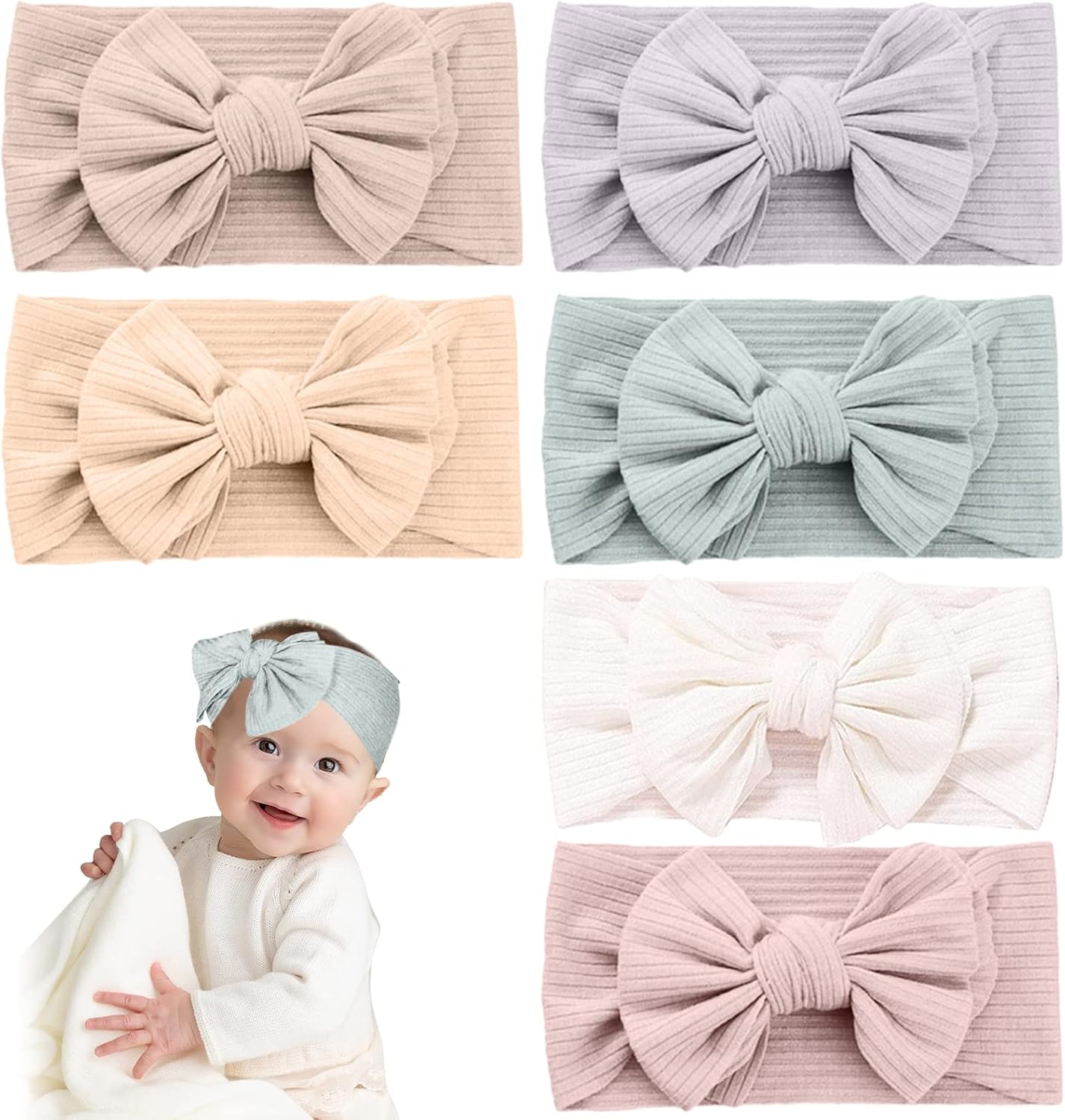 ZOCONE 6 PCS Baby Girl Bows Headband - Super Soft, Flexible Nylon Bow Knot - Newborn Headband for Baby Photography - Light Coloured Version