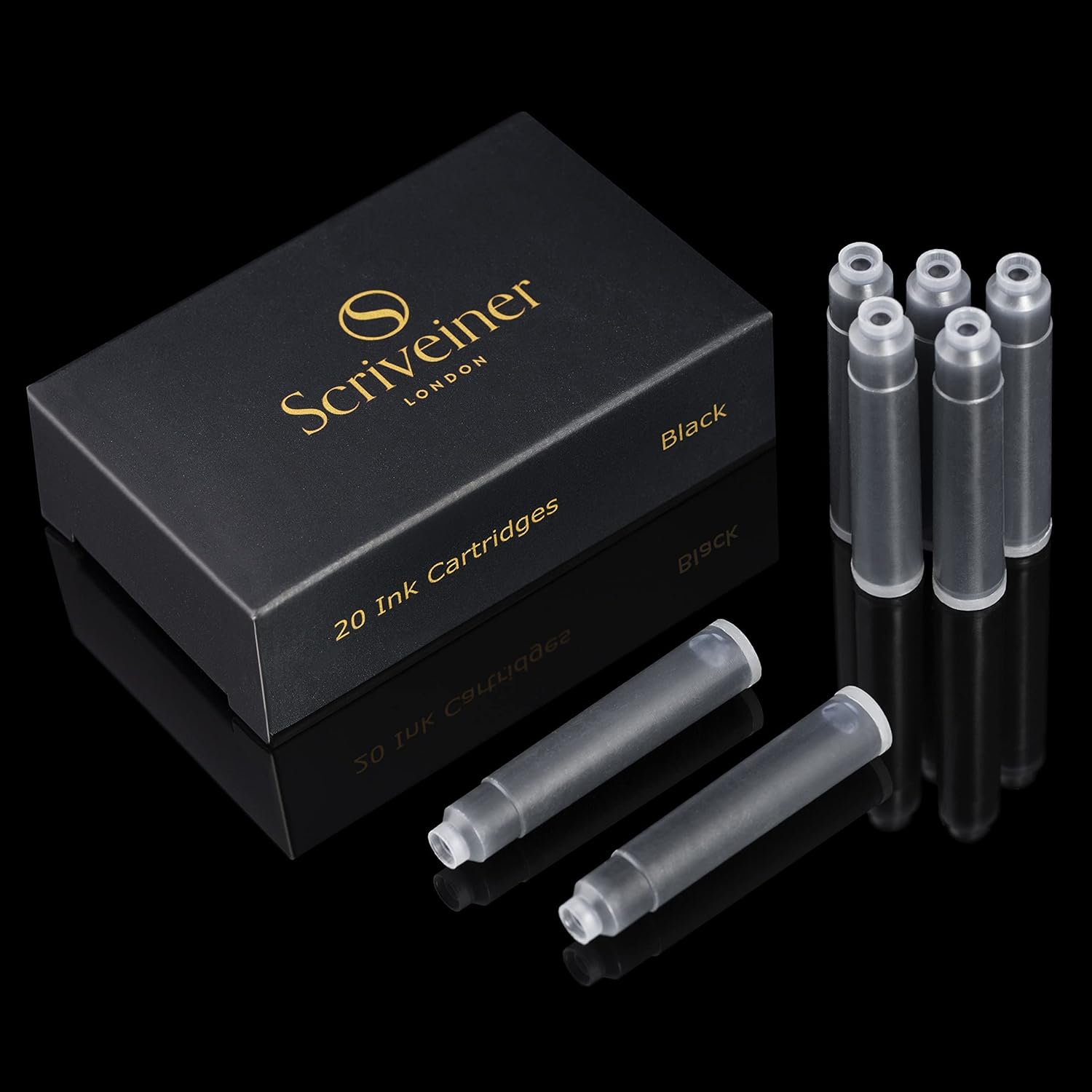 Scriveiner Fountain Pen Ink Cartridges - Black - 20 Standard International Ink Cartridges, Made in UK, The Best Cartridge for Your Scriveiner Pen, Refill Size Fits A Wide Range of Fountain Pens