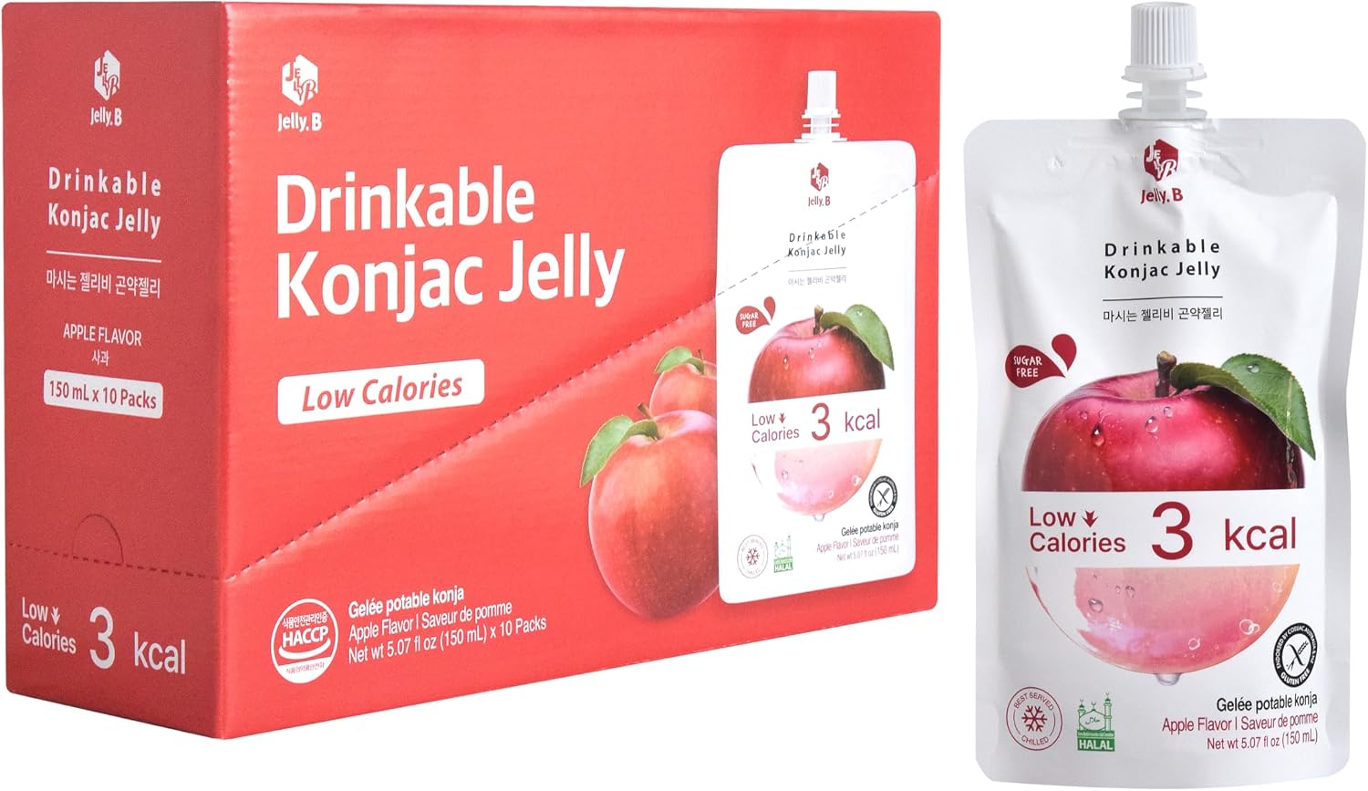 JELLY B Drinkable Konjac Jelly (10 Packs of 150ml) - 0 Gram Sugar, Only 6 kcal Each Packets (Apple)