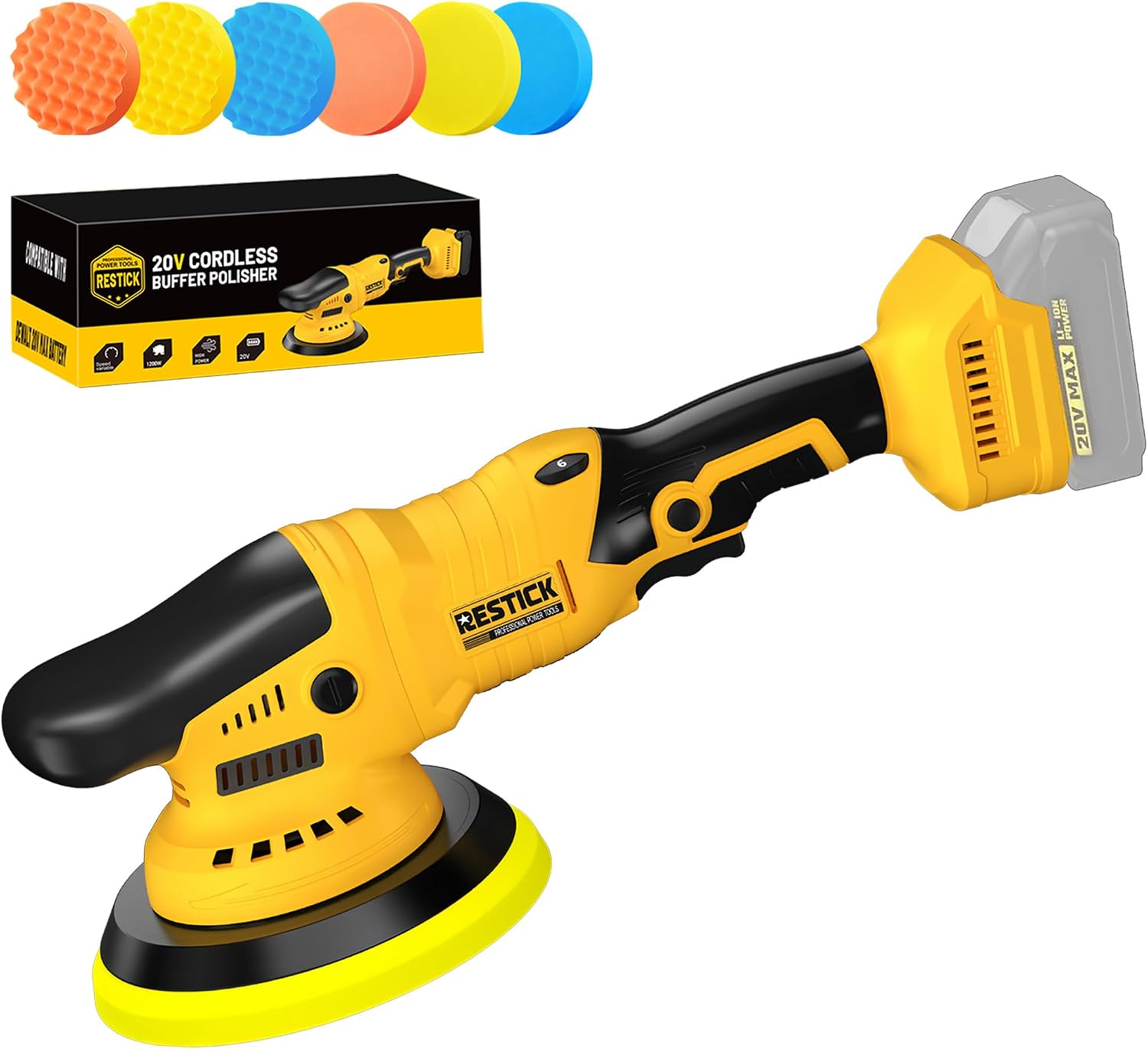 Cordless Buffer Polisher Compatible with Dewalt 20V Battery, 10000RPM Brushless High Power | Dual Action | 6 Variable Speed | 6-Inch Orbital Polisher for Car Detailing and Polishing Waxing (Tool Only)
