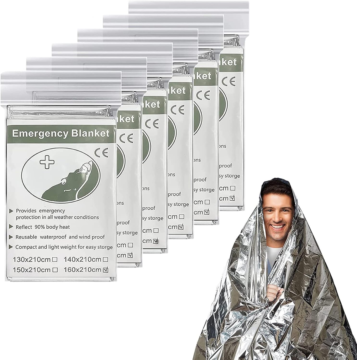 Emergency Blanket (6-Pack) ,Emergency Foil Blanket– 83" x 63" (210 x 160 cm) Survival Reflective Thermal Blanket Perfect for Outdoors, Hiking, Survival, Marathons or First Aid, Emergency Supplies