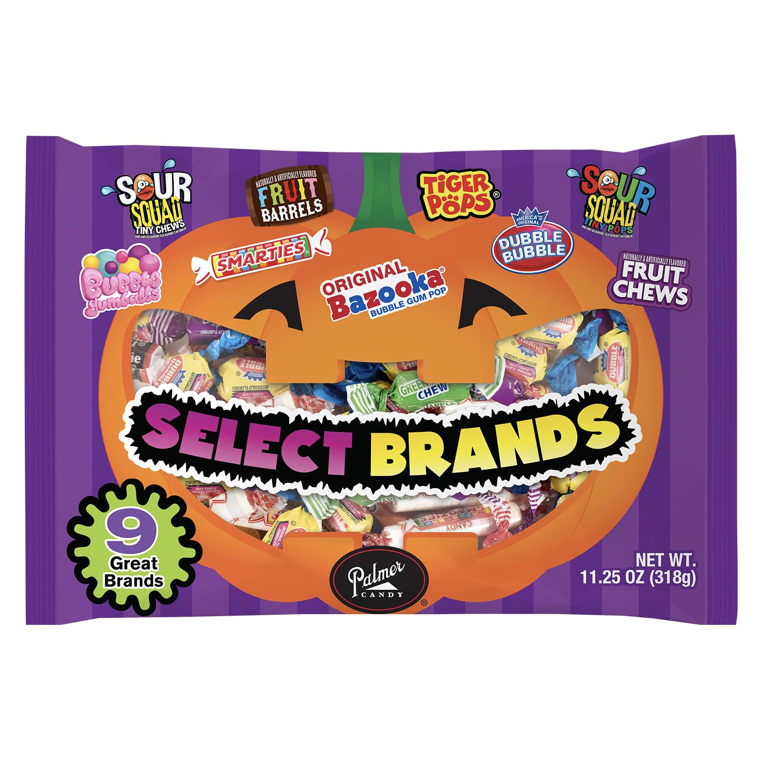 (1) 13 oz Bag Select Brands. Bag Mixed Candy ( Brands Include Charms Mini Pops, Dubble Bubble Gum, Jawbreakers, Tiger Pops, Smarties, Airheads, Original Bazooka Gum Pop, Fruit Chews and Bubble King)