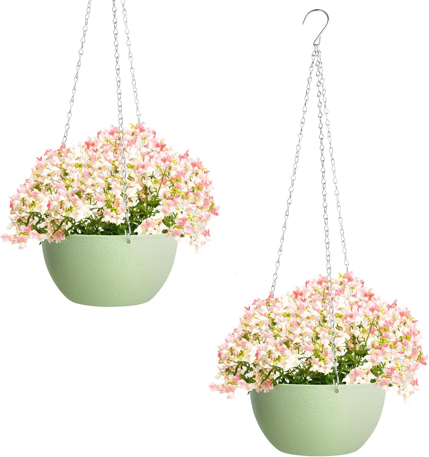 XXXFLOWER Hanging Planters 2 Pack Hanging Baskets Plastic Flower Pot with Drainage Hole & Chain & Hook,Hanging Flower Baskets for Indoor and Outdoor Plants,Home Wall Boho Decor（Green）