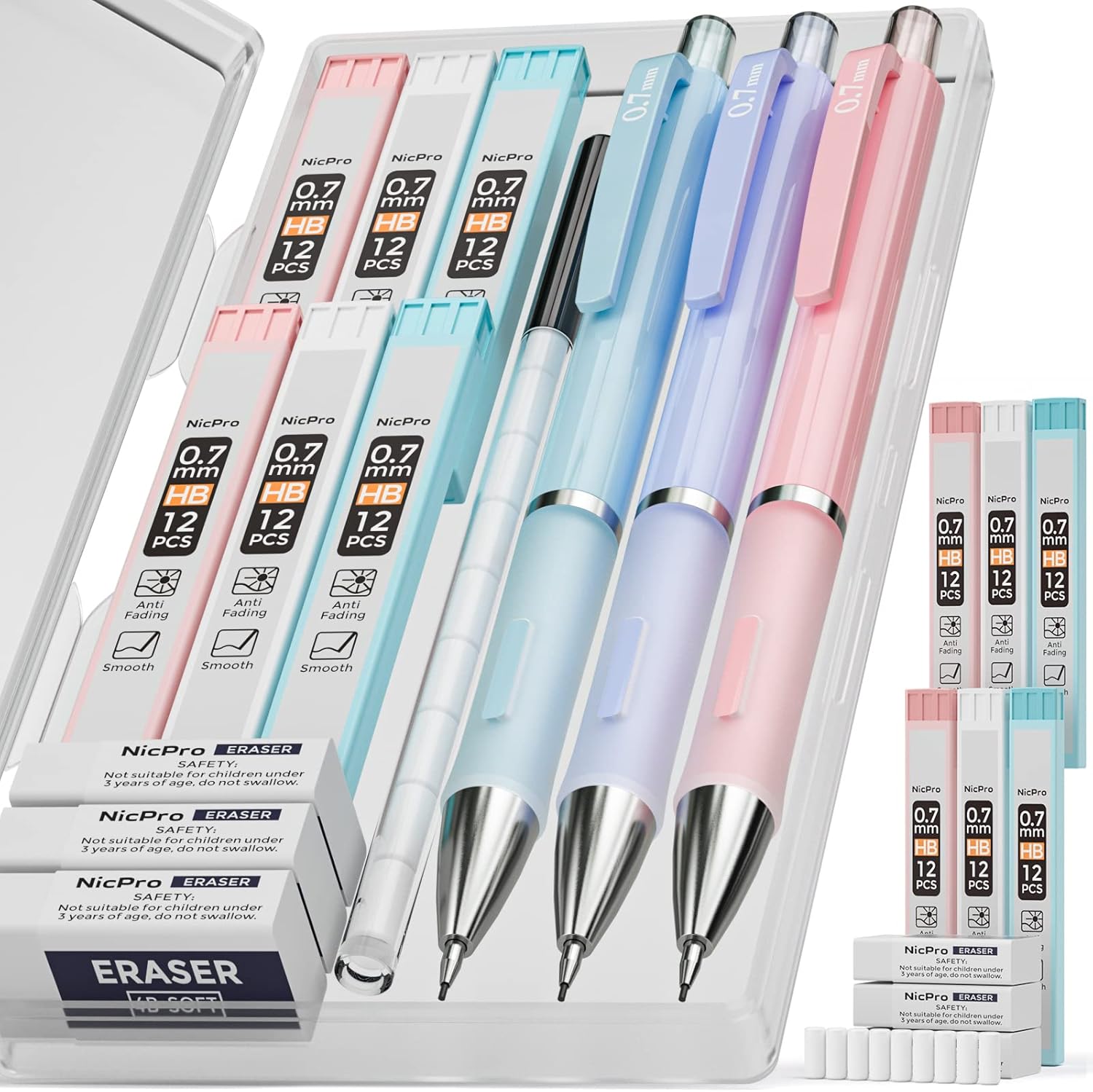 Nicpro 3PCS Pastel Mechanical Pencil Set with Case, 0.7 mm Pencils with 6 Tube HB Lead Refill, 3PCS Eraser, 9PCS Eraser Refill for School Supplies Student Writing, Drafting Drawing Sketching
