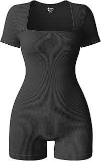 OQQ Women Short Sleeve Rompers Yoga Stretch Square Neck Exercise Rompers