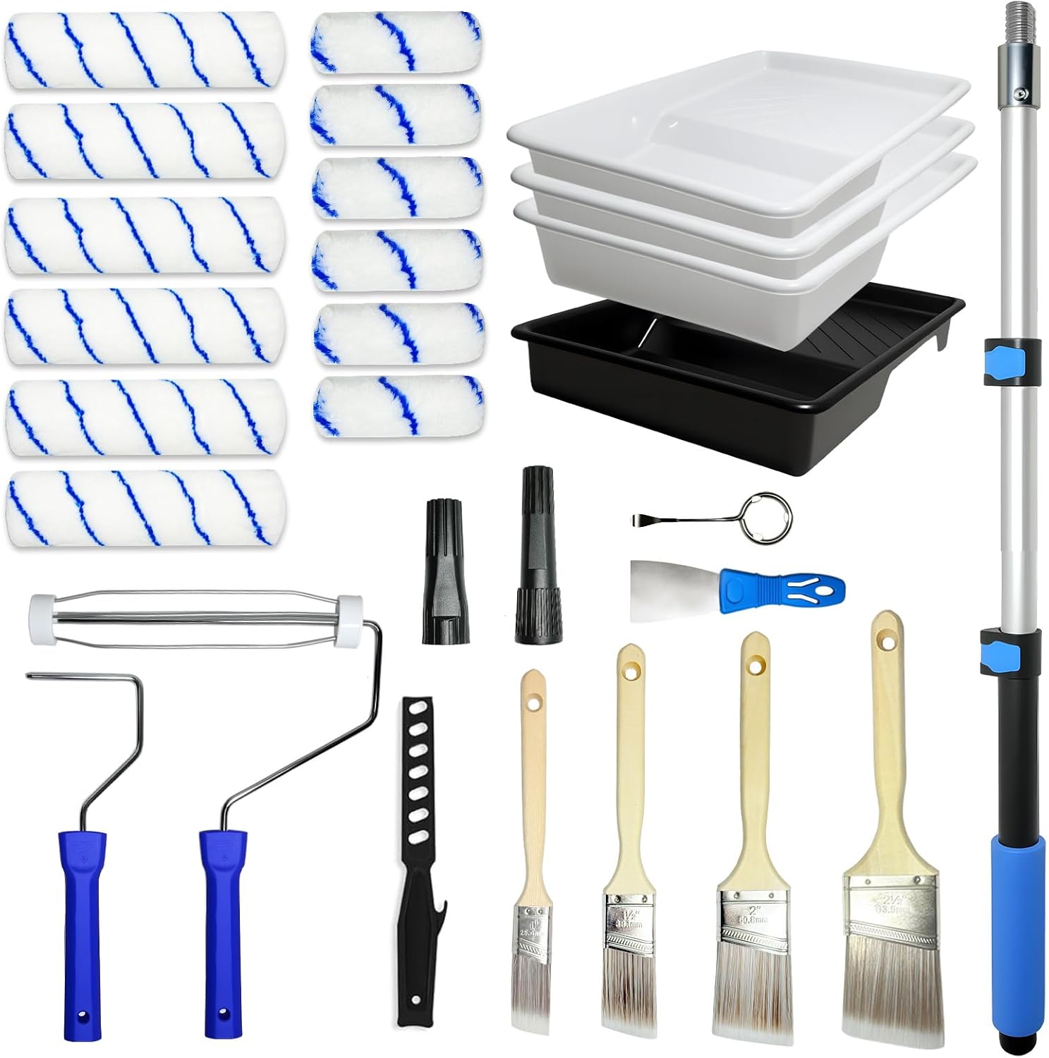 Paint Roller Extension Pole - 28PCS 3FT Telescoping Paint Roller Kit, Wall Painting Naps for Professionals with Brush Microfiber Roller Cover for House Wall