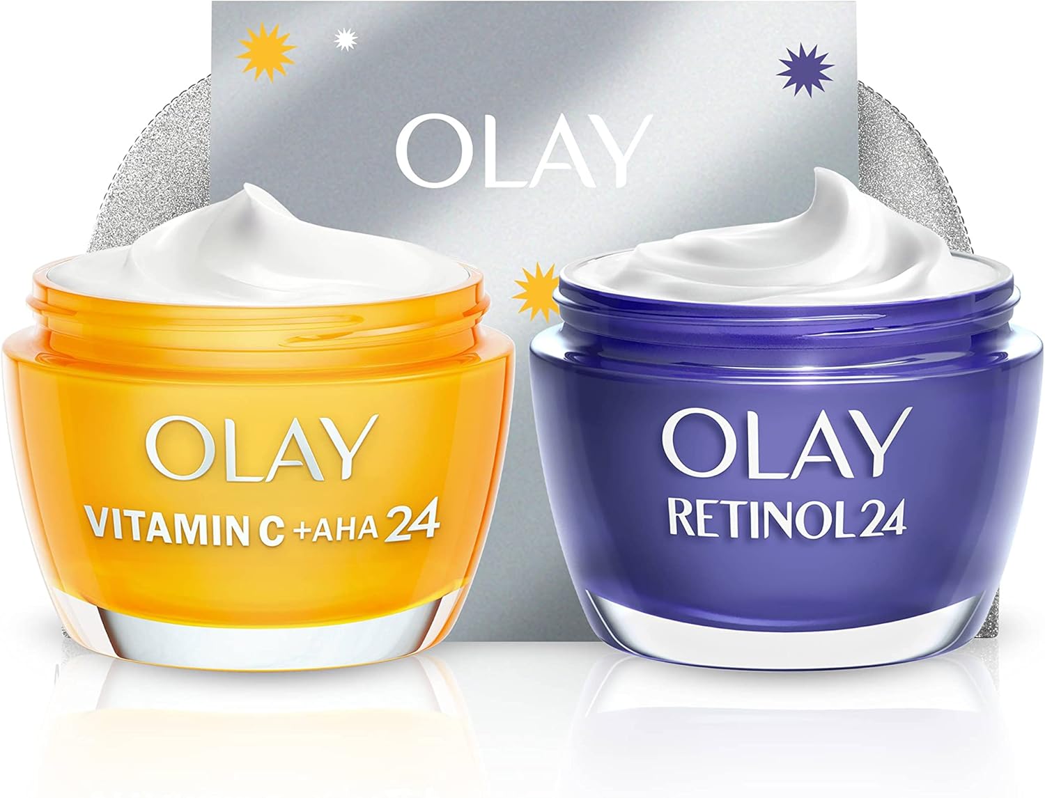 Olay Moisturiser Gift Bag, Womens Skin Care Gift Sets and Kits, Vitamin C plus AHA 24 Face Cream and Retinol 24 Night Cream for Bright and Smooth Skin, Free Make Up Bag and Gua Sha, 50 ml/50 ml