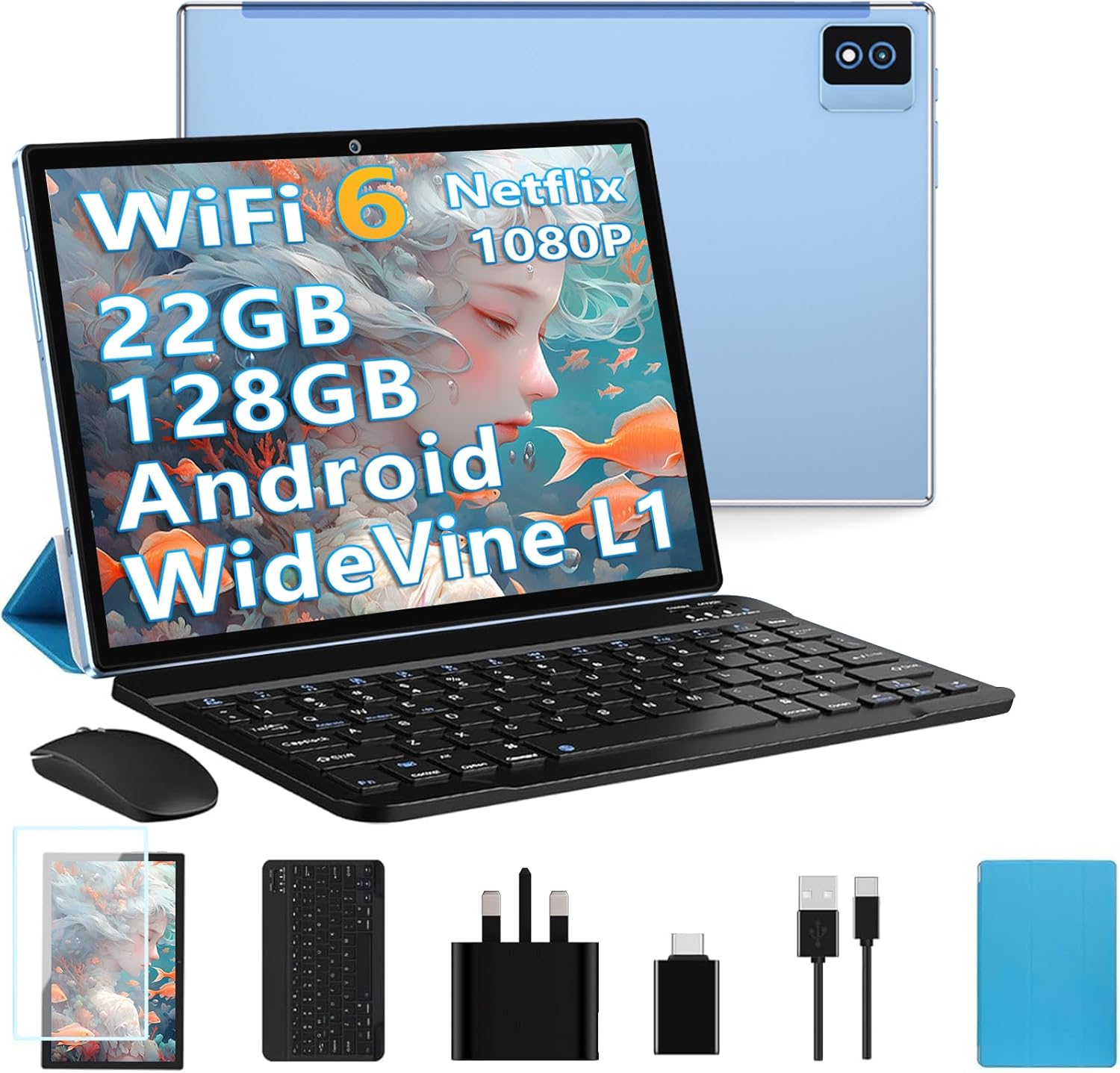 2025 Newest Android 14 Tablets 10 Inch Tablet, 22GB+128GB/2TB, 8000mAh, Octa Core2.0Ghz, 5G/WiFi 6, Widevine L1 FHD, BT5.0, Netflix/Face Unlocking, 13MP, GPS, OTG, GMS Tablet with keyboard＆Mouse-Blue