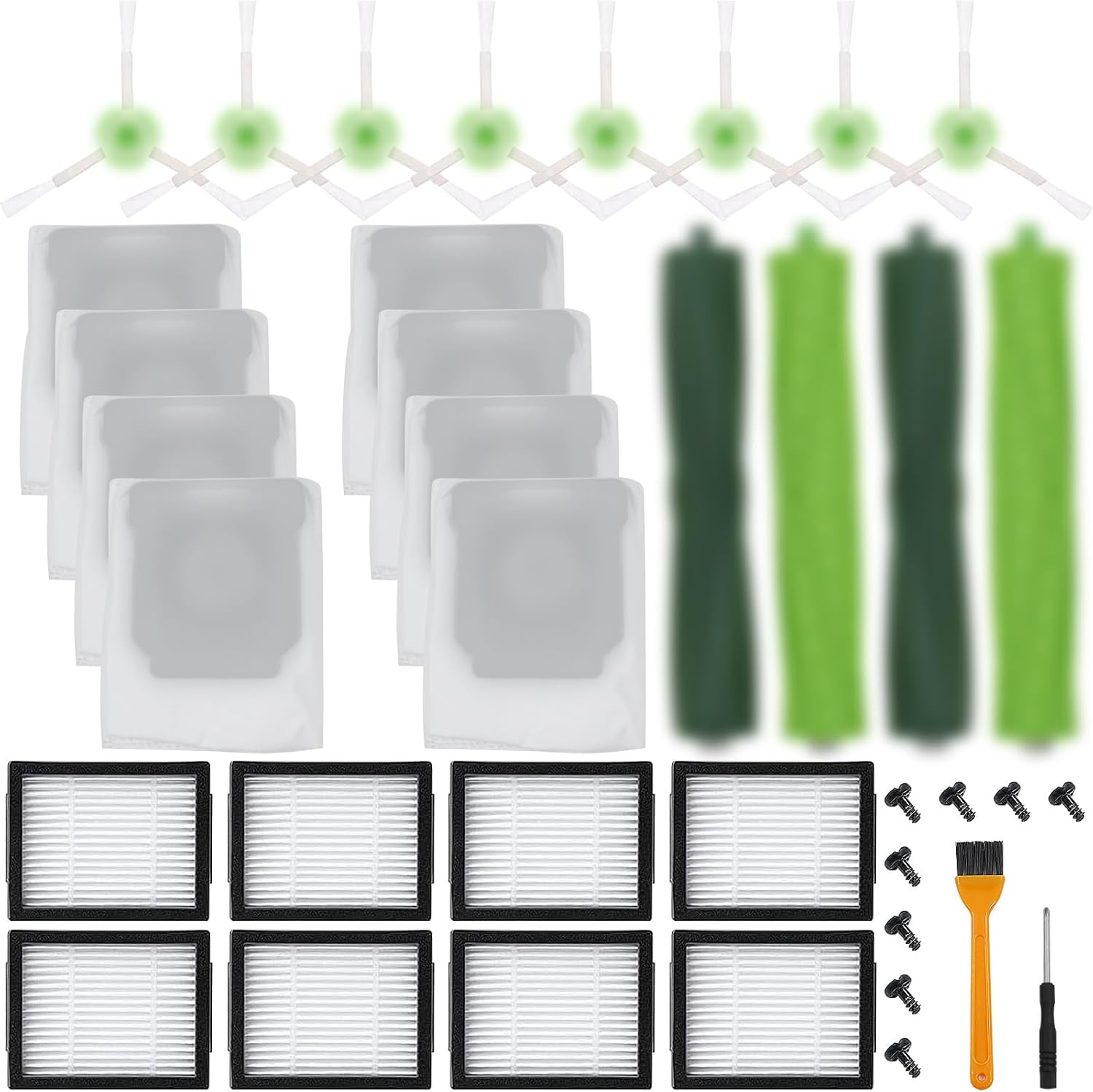 26 Pack Compatible with E/i/j Series Replacement Parts, E5 E6 E7 i2 i3 i3+i4 i4+ i6 i6+ i7 i7+ i8 i8+/Plus, 2 sets of multi-surface rubber roller brush 8 filters 8 side brushes 8 bags