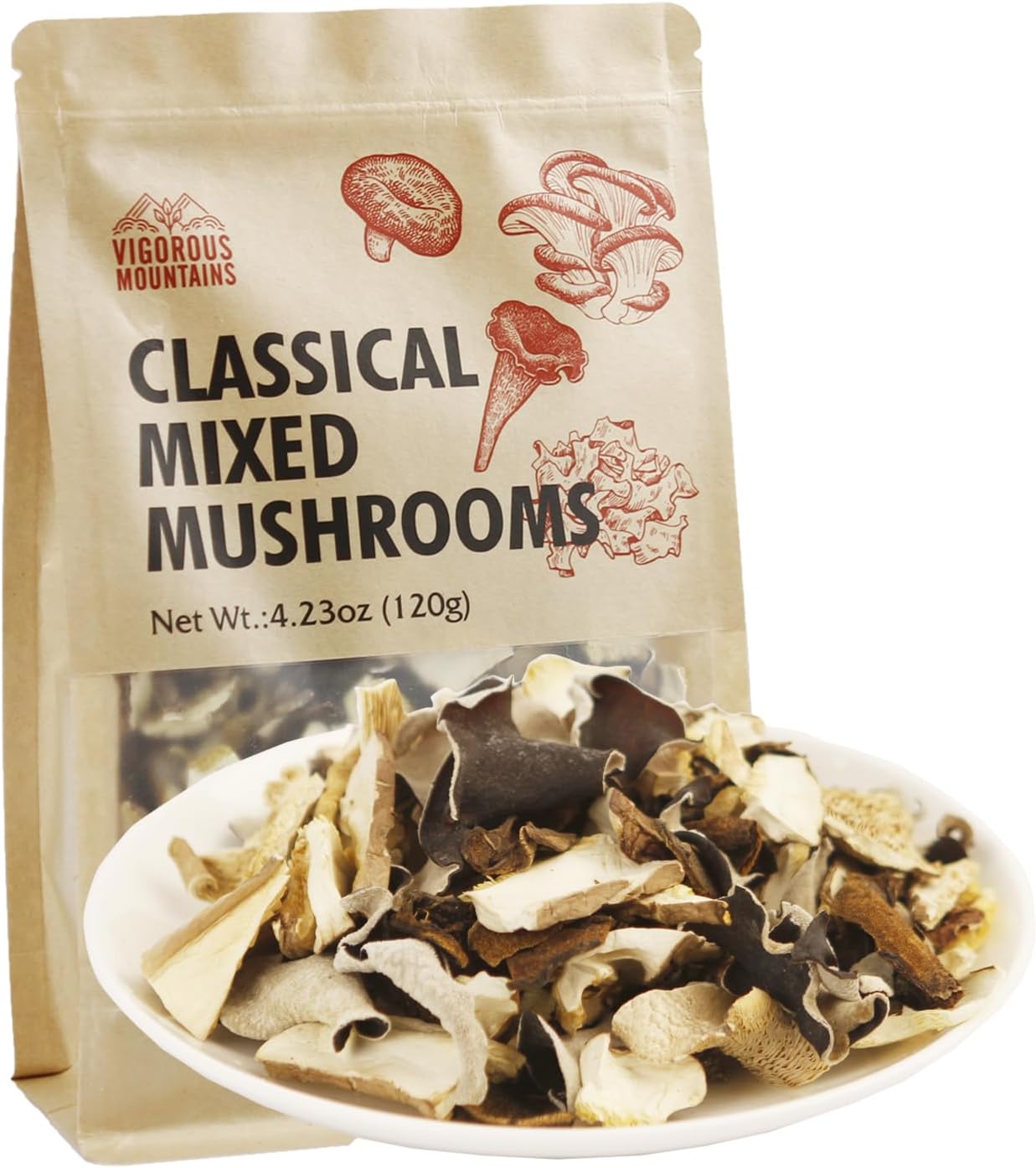 VIGOROUS MOUNTAINS Dried Mixed Mushrooms Blend Including Porcini Shiitake Oyster Woodear Mushrooms 4.23oz, Soft Texture Bold Flavor Vegan Food for Cooking 120g
