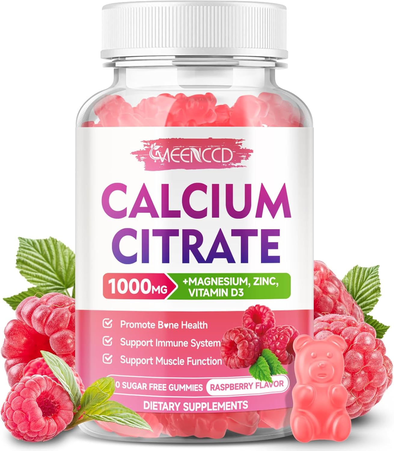 Calcium Citrate Gummies 1000mg w/Vitamin D3, High Absorption Calcium Supplement for Women & Men, Plus Magnesium, Potassium, Zinc for Muscle & Immune, Sugar-Free, Raspberry Flavor, 60 Count