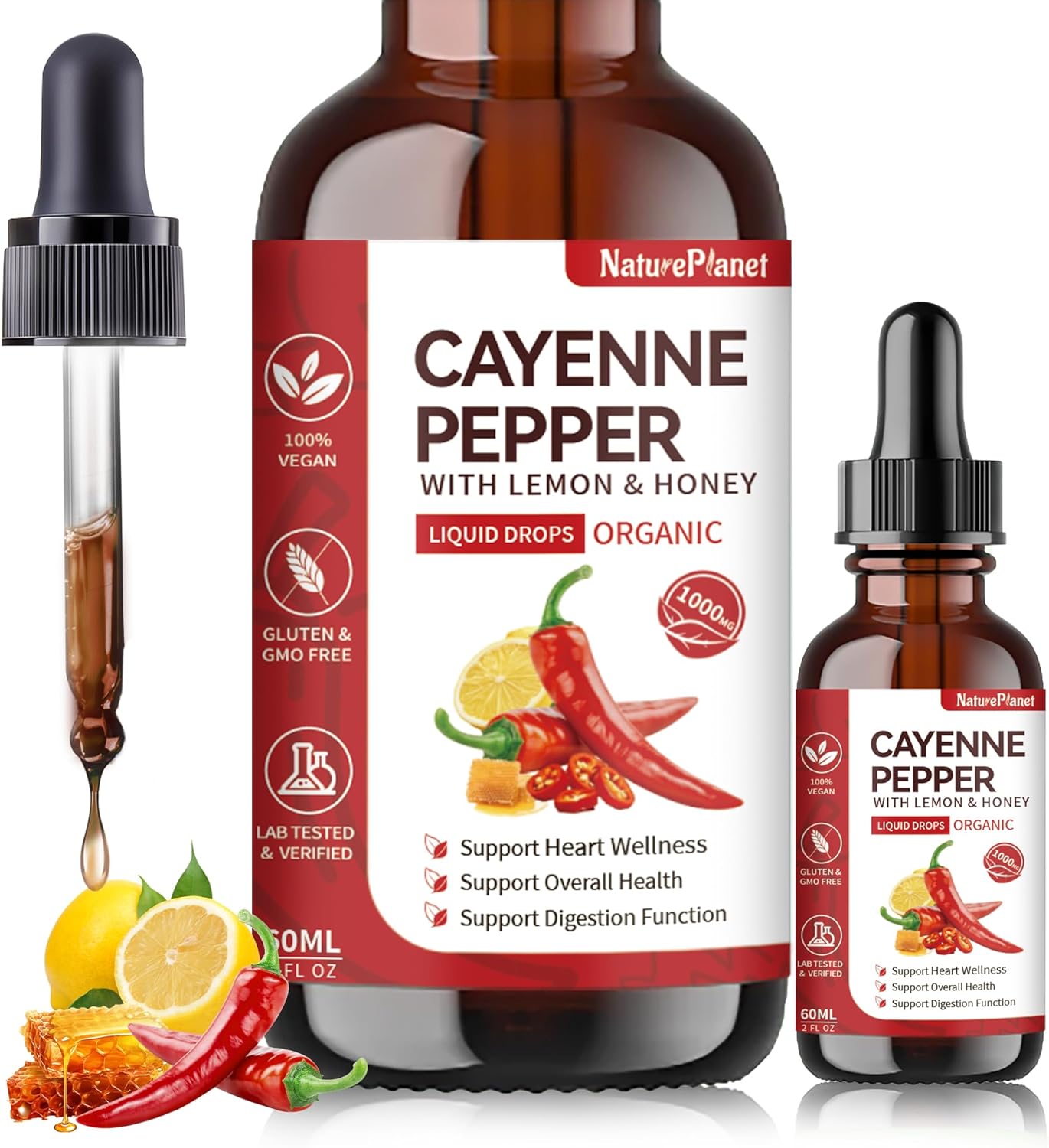 Cayenne Pepper Drops with Citrus Lemon & Raw Honey丨Vascu Flow Drops with Vitamins A, C, K2丨 Heart Health & Circulation Support丨Gluten-Free, Vegan, Organic - Honey Lemon Flavored 2 Fl Oz (60 ml)​