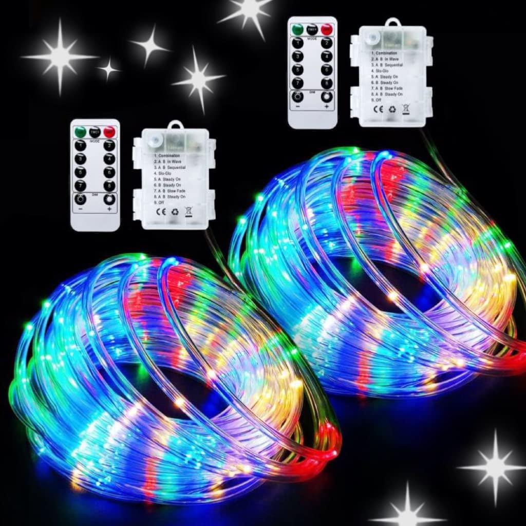 JMEXSUSS 2 Pack Battery Operated String Lights Outdoor Waterproof Total 200LED 8 Modes Battery Powered Rope Lights with Remote for Trampoline Camping Canopy Tent Christmas Decor (Multicolor)