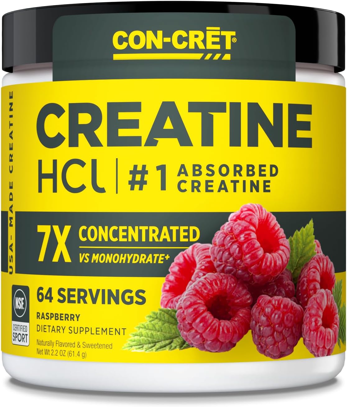 Creatine HCl Powder | Muscle, Cognitive, Cellular Energy Support | No Bloating or Cramps | USA Made & NSF Certified | Raspberry (64 Serving)