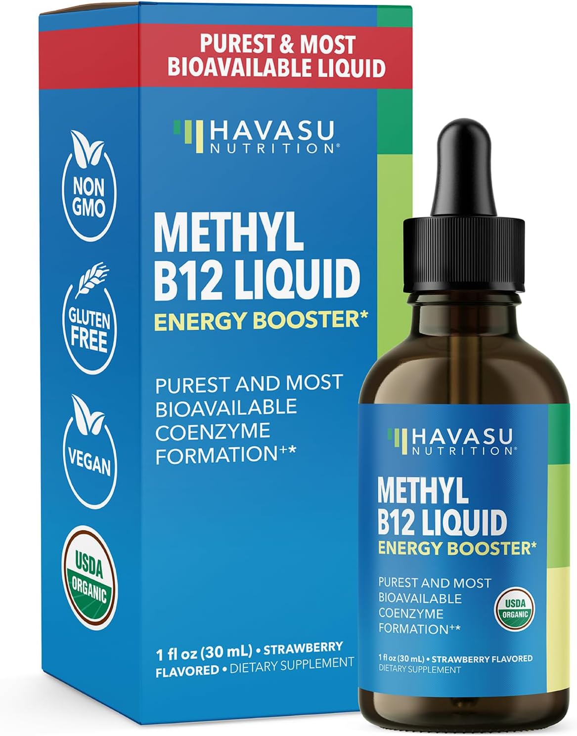 USDA Organic Vitamin B12 Liquid Drops - Methylcobalamin for Enhanced Energy and Nervous System Support - 30 Servings - Highly Bioavailable for Absorption - Non-GMO, Vegan, Strawberry Flavor, 1 Fl Oz