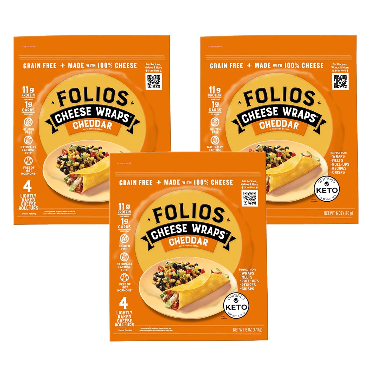Folios 100% All Natural Cheese Wraps | Cheddar Flavor | Gluten Free, Grain Free and Naturally Lactose Free | Certified Keto | 1 gr of carbs, 3 Pack