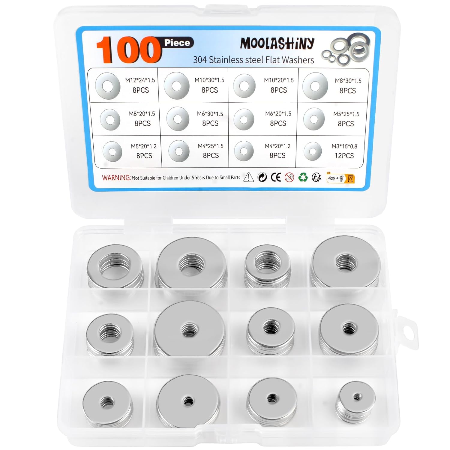 100PCS Washers for Screws, Stainless Steel 12 Sizes M3/M4/M5/M6/M8/10/M12 Metal Flat Washers Set for Bolts Assorted Set for Home Repair Construction