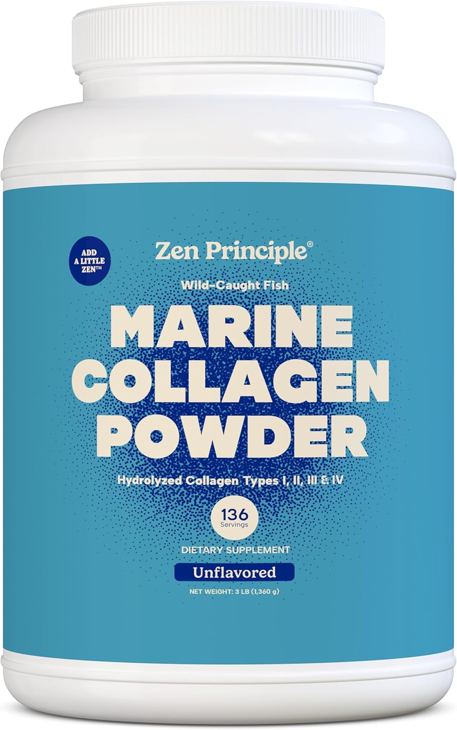 Zen Principle Marine Collagen Peptides Powder 3 lb. Wild-Caught Fish, Non-GMO. Supports Healthy Skin, Hair, Joints, and Bones. Hydrolyzed Type 1 & 3 Protein. Amino Acids, Unflavored, Easy to Mix.