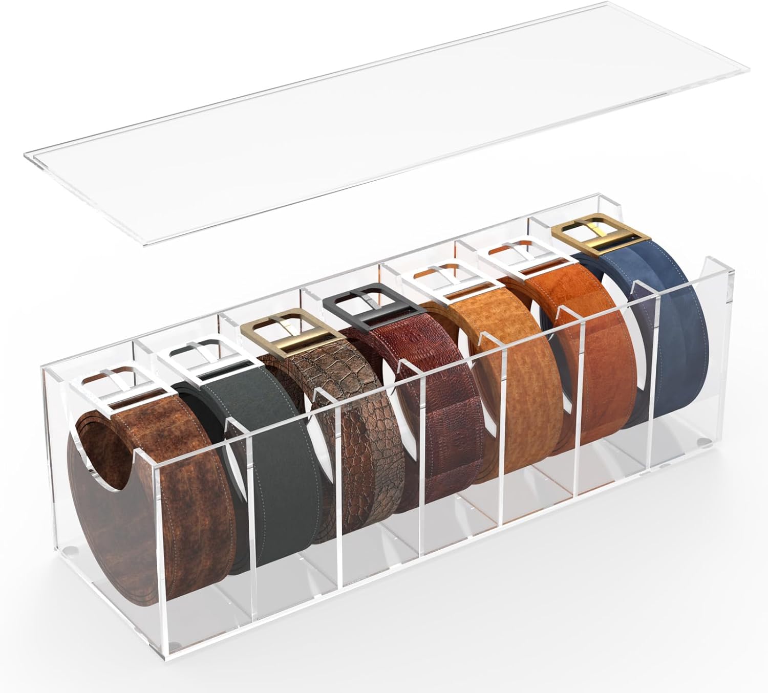 Belt Organizer for Closet Acrylic Beltbox Belt Organizer for Women Belt Storage Organizer for Men with Cover 7 Compartments Tie and Belt Holder Hanger Rack Display Case Box for Drawer