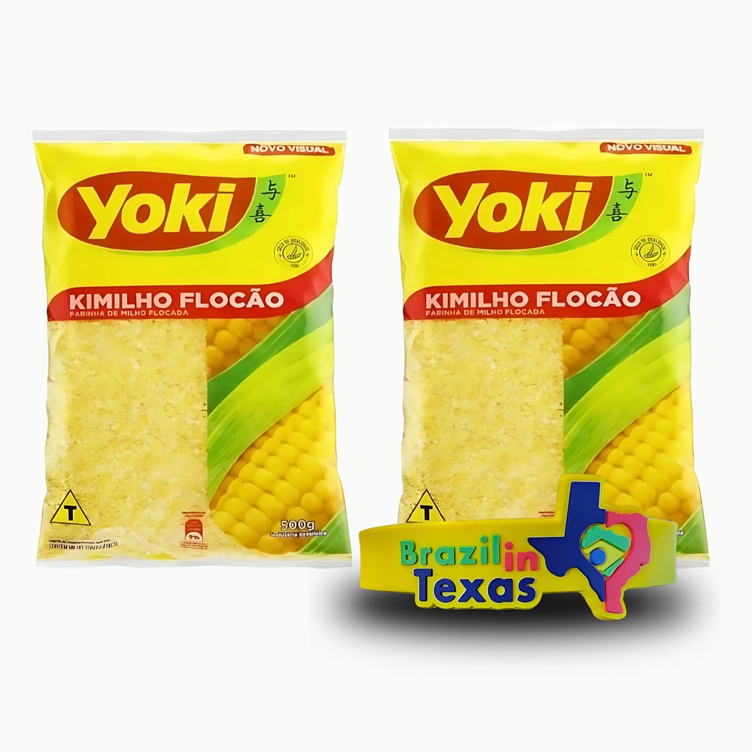 Farinha de Milho Brasileira Kimilho Yoki Flocao 500g | Pack of 2x500g | Brazilian Cornflour + Silicone Bracelets Souvenir | Brazil in Texas | Bundle