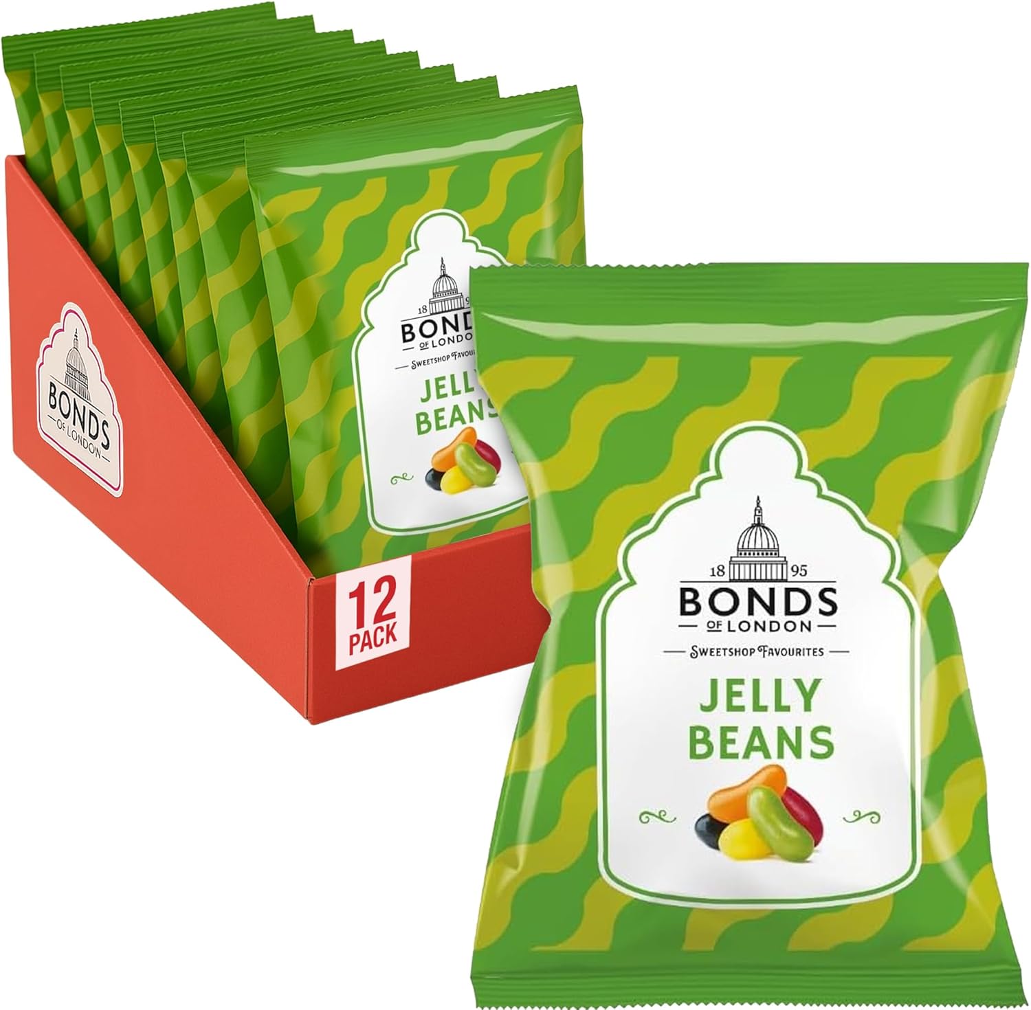 Bonds of London Jelly Beans Bags, Retro Chewy Fruit Flavoured Gift Sweets, Vegetarian Friendly, 130 g (Pack of 12)