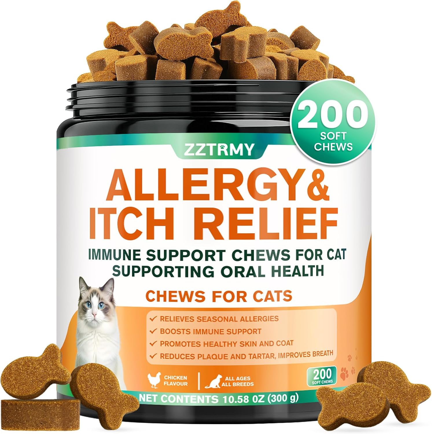 Cat Allergy Relief Chews,Itchy Skin,Paw Licking,Seasonal Allergies Relief, with Omega 3,Probiotics,Green Tea Extract,Boost Immunity,Skin Coat Health,Maintain Oral Health, Allergy Relief for Cat