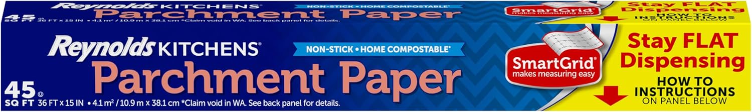Reynolds Kitchens Stay Flat Dispensing Parchment Paper for Baking and Roasting, Parchment Paper Roll, Great for Baking and Rolling Dough, Non-stick, Reusable Up to 3x, 45 Sq. Ft.