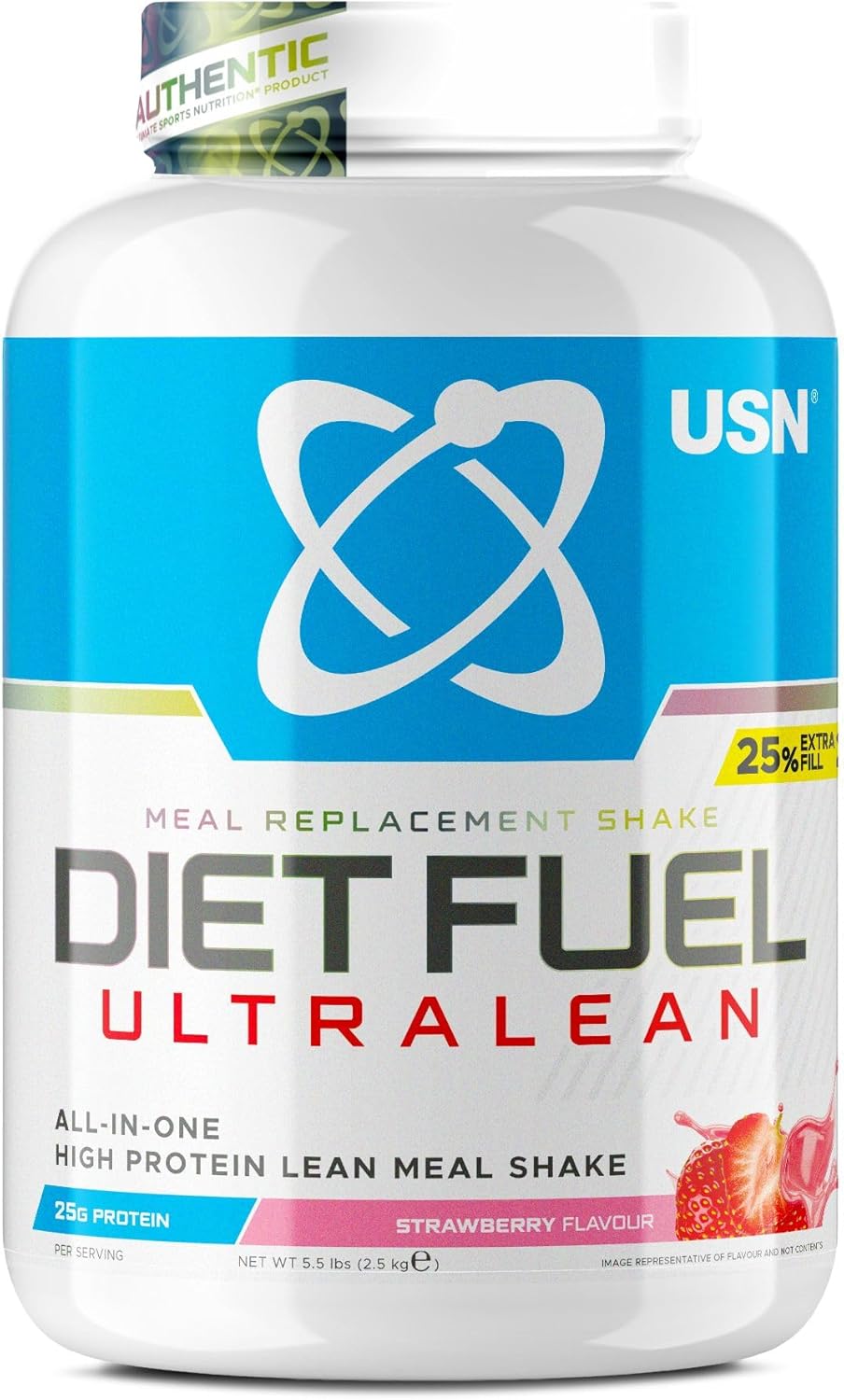 USN Diet Fuel Ultralean Meal Replacement Shake Powder, Strawberry Flavour - 2.5kg, High Protein Shake Powdered Drink Mix, Low Calorie Diet & Weight Control Powder, 25g Protein
