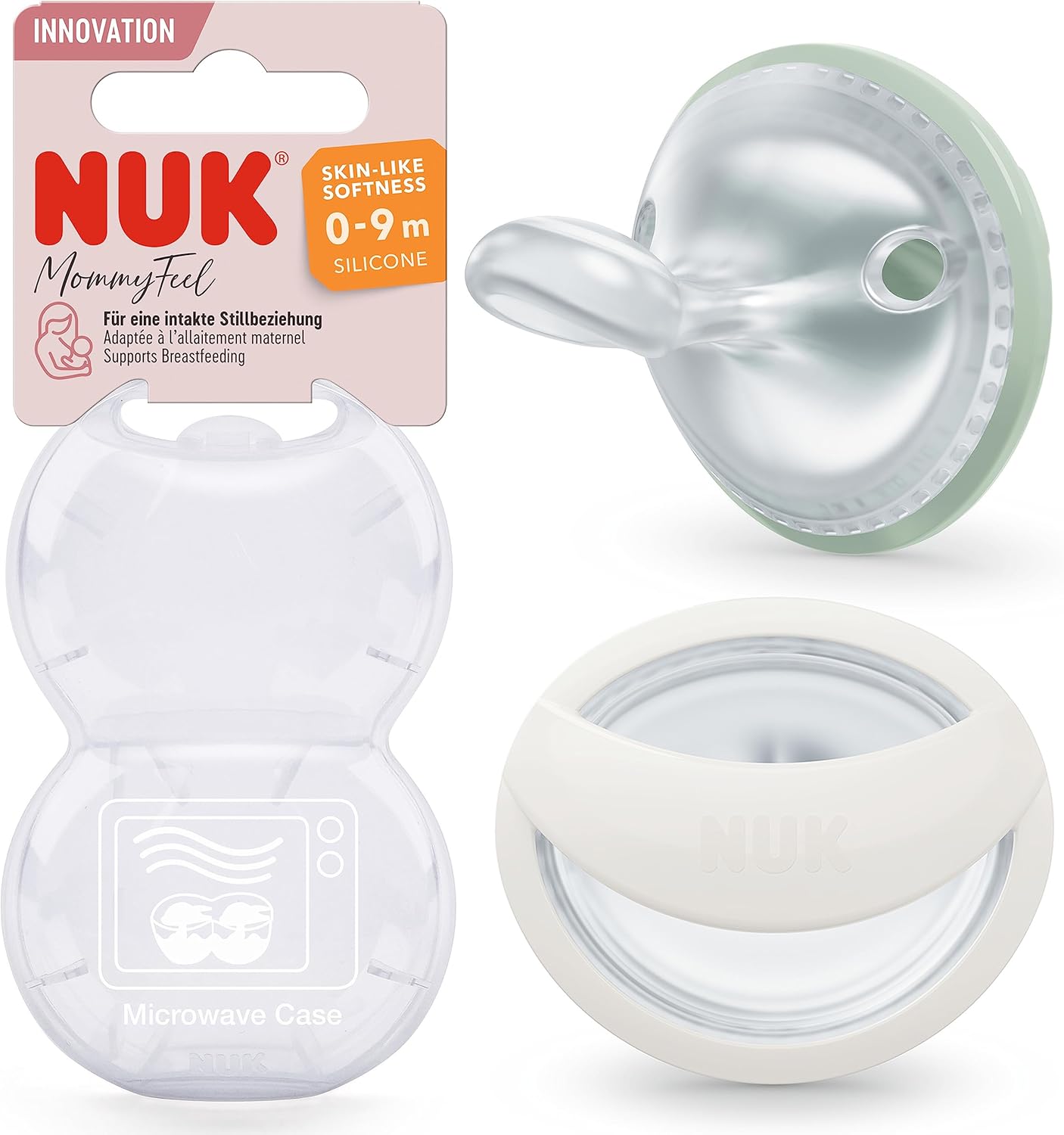 NUK MommyFeel Baby Dummy | 0-9 Months | Breastfeeding Friendly Soothers | BPA-Free Silicone | Mint & Off White | 2 Count