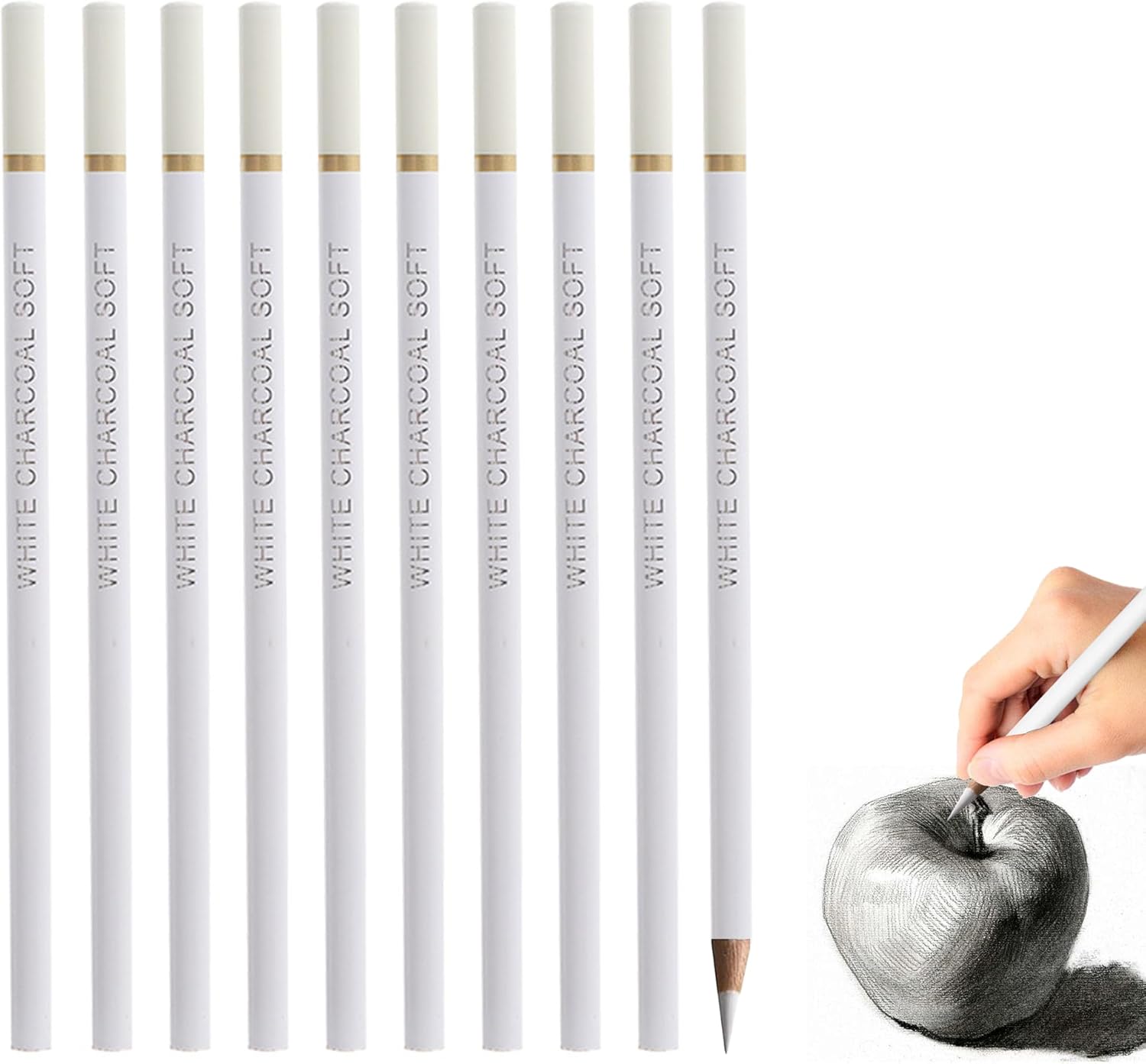 Bansusu 10PCS White Charcoal Pencil Set 4MM Thick Lead Core Sketch Pencils for Artist, Beginner, Student Drawing, Sketching, Blending