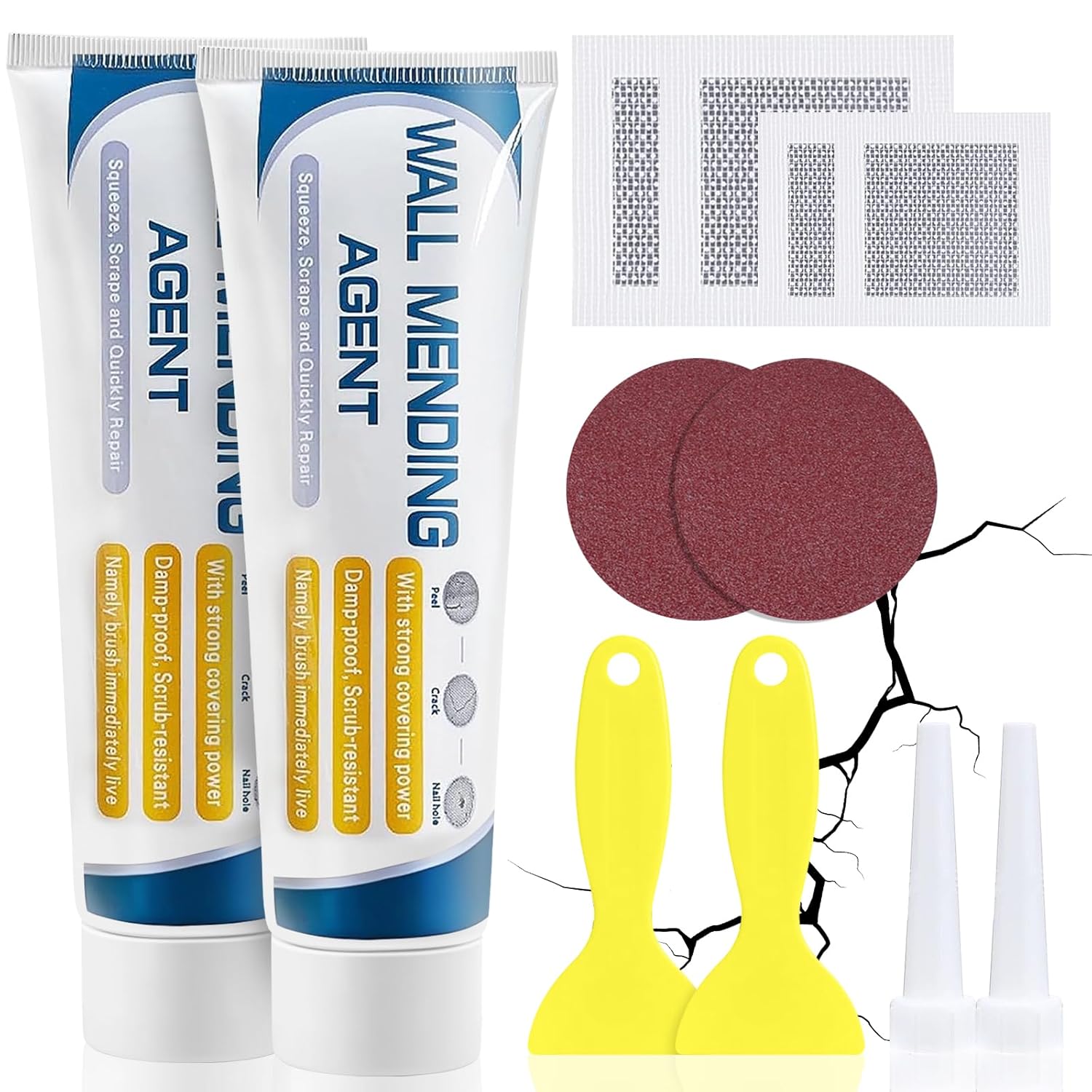 Wall Filler Repair Kit, Quick Drying Wall Repair Paste, Wall Repair Cream, White Wall Mending Agent with Drywall Patch, Sandpaper, Scraper, Nozzle Extender for Wall Cracks, Holes, Graffiti, Peeling