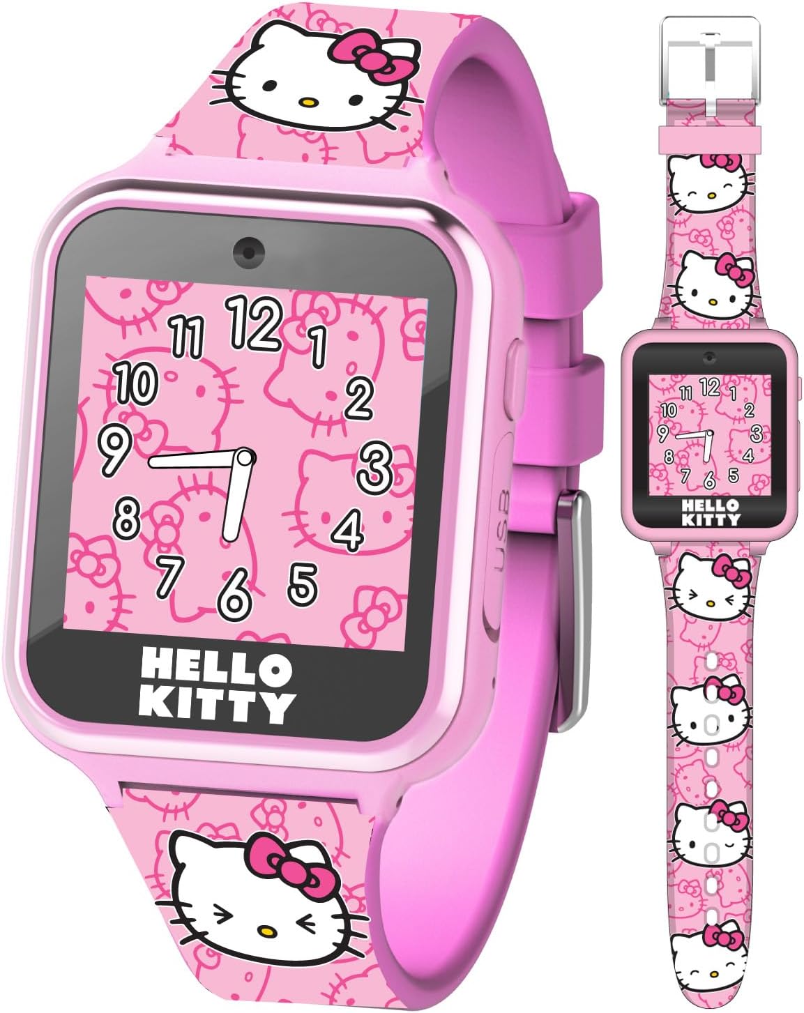 Accutime Hello Kitty Kids Smartwatch - Interactive Touchscreen with 10 Watch Faces, Camera, Games, Alarm, Step Tracker & More - Fun Gift for Girls with Pink Silicone Strap - Fits Wrists 5.5'' to 8.0"