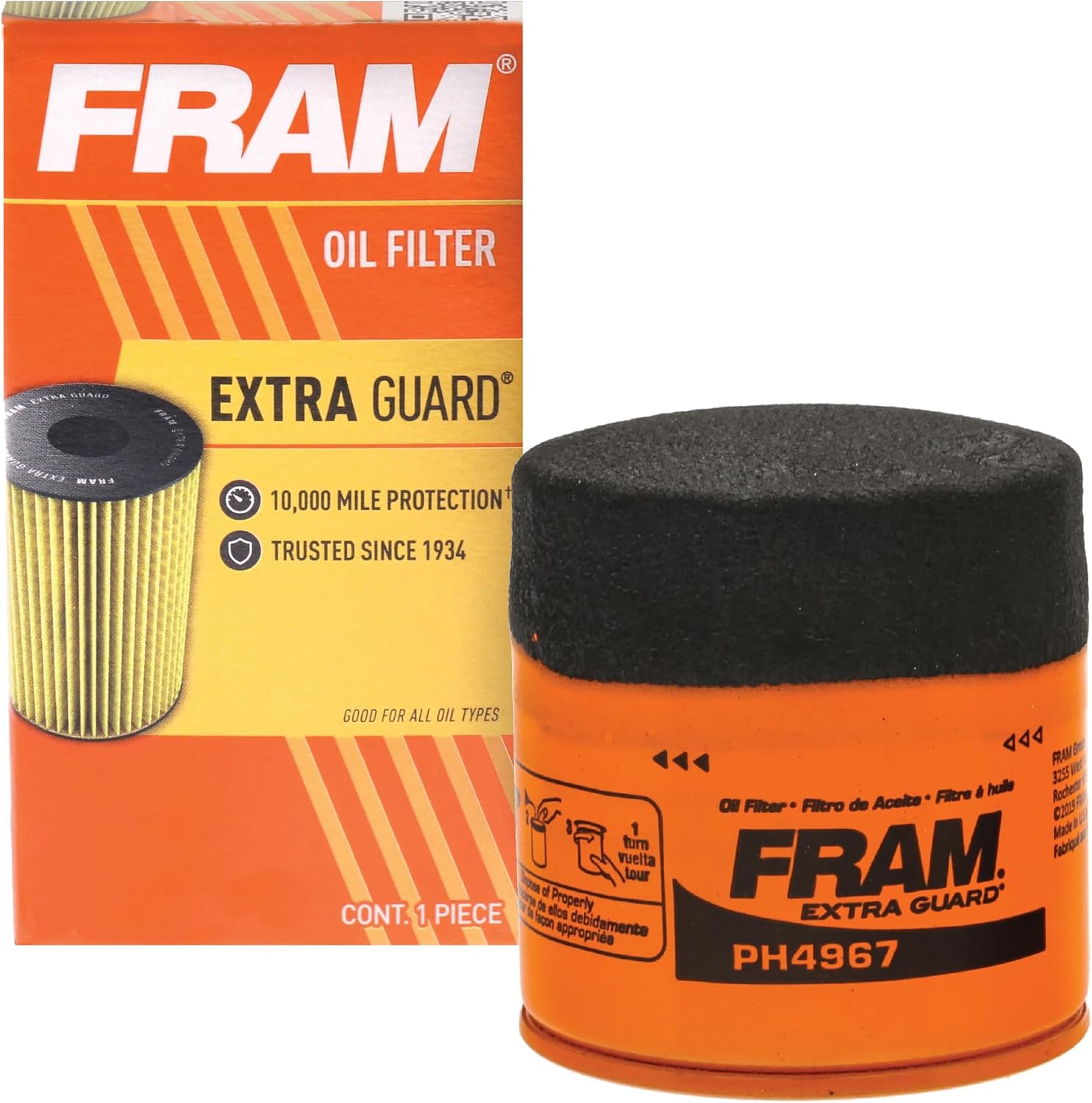 FRAM Extra Guard PH4967 10K Mile Change Automotive Replacement Interval Spin-On Engine Oil Filter for Select Vehicle Model Years, Vehicle Engine Protection Oil Filter for Everyday Drivers